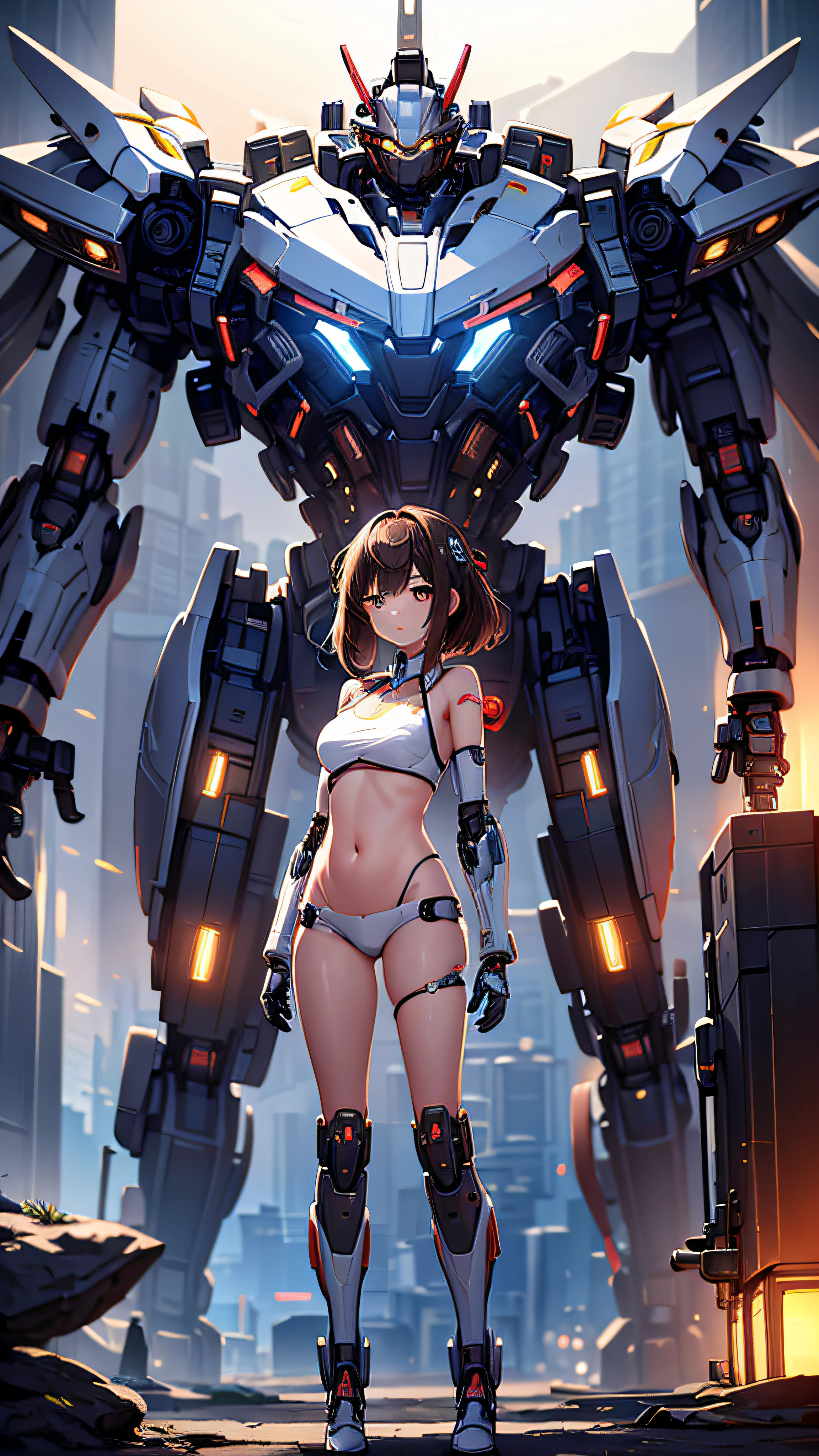 ((Masterpiece, Best Quality)), illustration, ultra-detailed 8K, realistic, clear focus, highly detailed, professional lighting, colorful details, rainbow colors BREAK factory super long shot, (1 mechanical robot), microchip, computer, luminescence, intricate details, shitu-mecha, 1girl downscale standing in front of the viewer, navel, semi-nude, semi nude