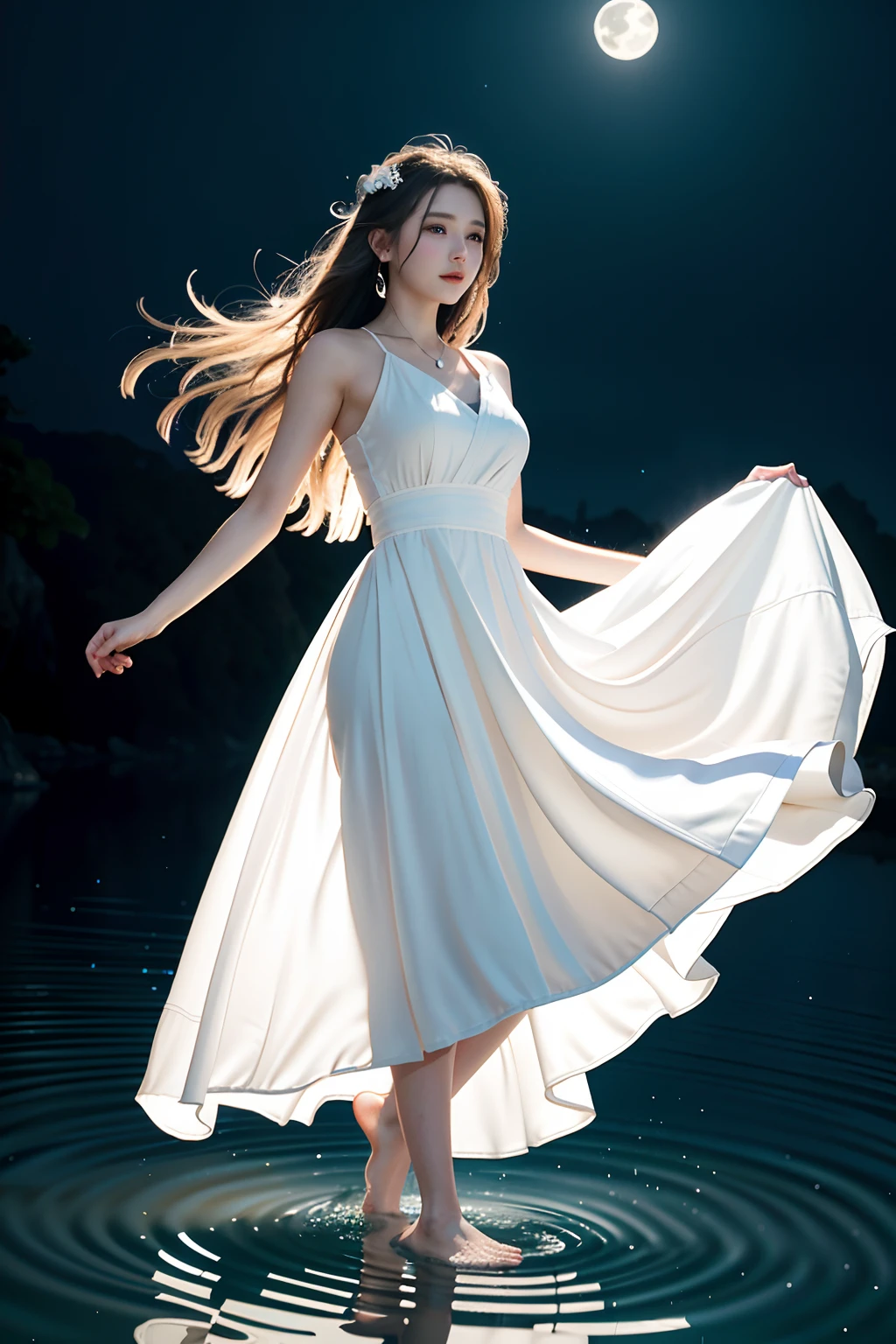 Beautiful woman in white dress standing in the sea，wearing flowing dress, Barefoot, Illuminated face, glowing light eyes, pale-skinned, goddes, Take the keys, adiamondnecklace, Pearls in the water, the night, starrysky, Sky and Milky Way, full moon in background, As a goddess, walking on the water, Enlightened woman, Blue water, Wearing a white flowing dress, white flowy dress, she is floating in the air, flowing white robe, tiptoes, floating dress, Gorgeous white long dress, wearing flowing dress, floating in air, a white long skirt, elegant floating pose, Hair is floating in the wind, girl in white dress dancing, mistic, magic, realisticlying, startling, darkly, Dramatic, O spirit, Mystery, goddes