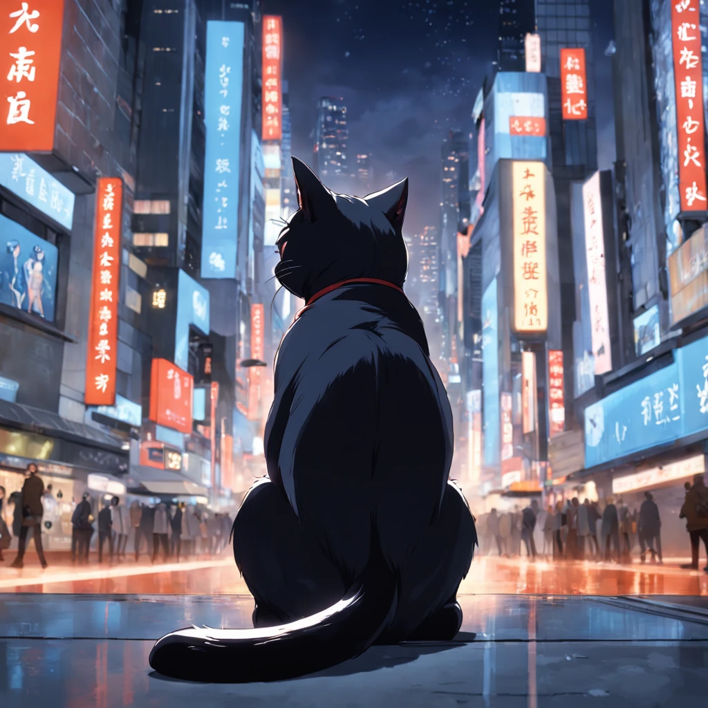 Un gato negro haciendo una pose de gato, Ultra High Definition and Ultra High Resolution, ciudad en el fondo, paso de cebra, Luz roja, Tokio, Cruce de Shibuya, Concurrido