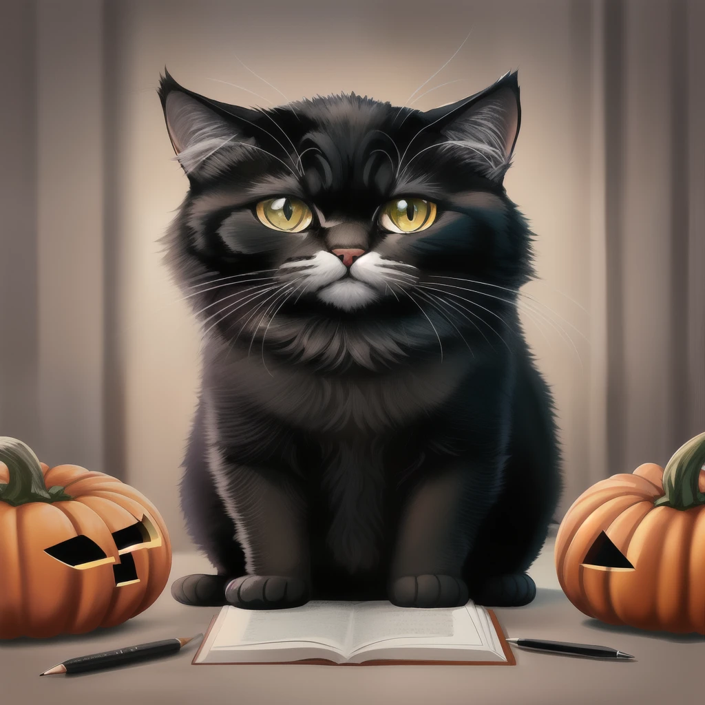 Gato preto do dia das bruxas sentado de corpo inteiro, desenho infantil fofo, estilizado, tons de cinza, para colorir,estilo cartoon, halloween,cenario noturno assustador,parede com teia de aranha
