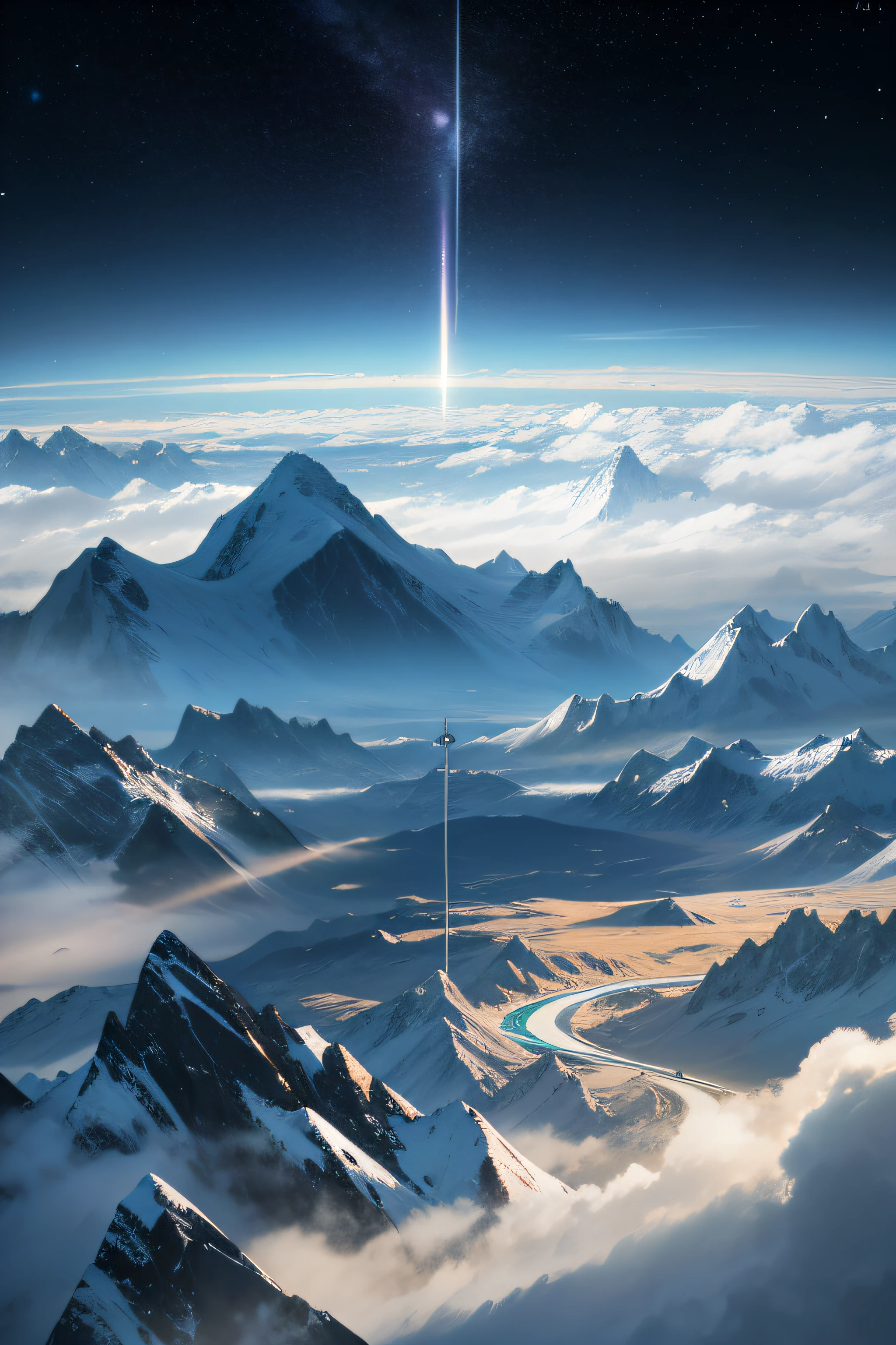 Mountains converge,White clouds are ethereal,Starry sky background,Show the world of science fiction。It has a glass texture,Buildings,In daytime light,Through an isometric perspective,There is an empty flat piece of land in the middle of the picture,Cyberpunk style and technology come to the fore。