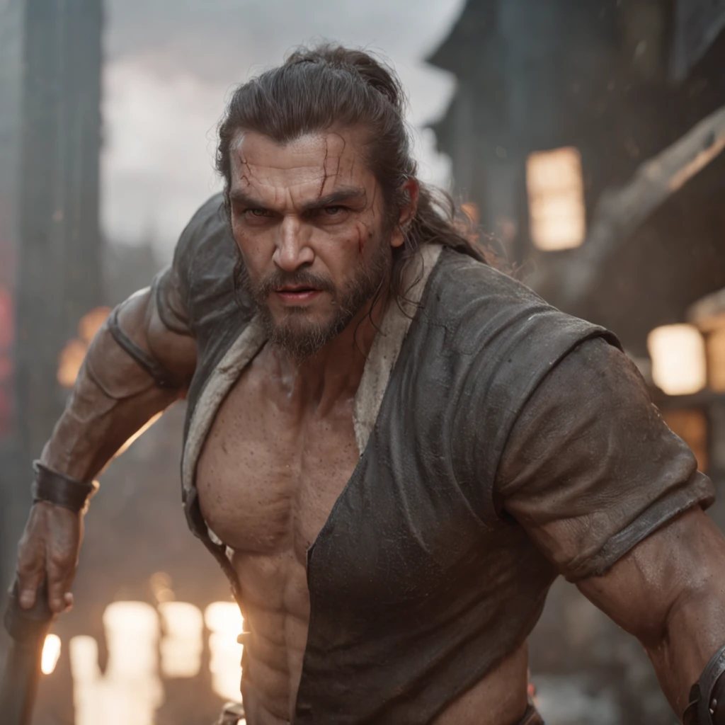 (Professional 3D rendering:1.3) of (Realistic:1.3) The most beautiful art in the world,There are soft and shiny male heroes., ((Epic fantasy hero, muscle, rough man, wet, angry hero, watch long hair, short beard and fierce expression in dynamic poses., Great place., Towering environment)), Full body 8k unity display, Action Shooter, skin pores, The light is very dark., Heavy Shading, Detailed, detailed face, (vibrant, photo-realistic, Realistic, breathtaking, dark, crisp focus, 10), (Old leather clothes damaged by weathering.:1.4), ((((Fur wear)))), (intricate:1.4), deteriorate, (high-detail:1.4), digital painting, Octane display, art station, Concept Art, smooth, crisp focus, illustration, Nose Art, (loish:0.23), Wlop Ilya Kuvshinov, and Greg Rutkowski and Alphonse Mucha Gracias., (Global Illumination, studio light, volumetric light), heavy rain, Particles float, Jedi, lightsaber, fantasy, ((Dark and ancient city background:1.3)),CGSesociety,art station