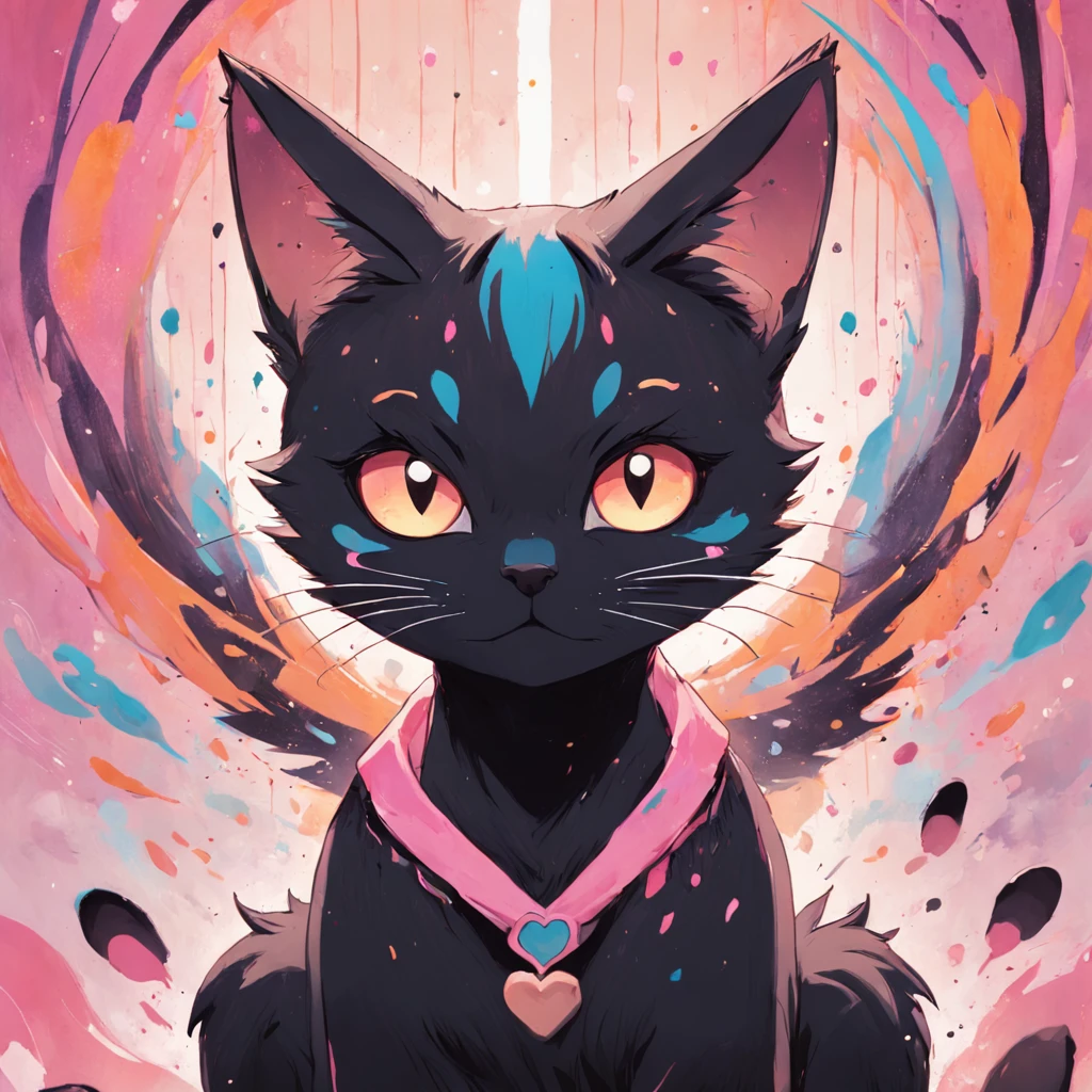 Gato en el arte, Aseo de ojos estrechos、ocio、Color principal Negro, Color secundario cian, Fondo rosa pastel, artistic, sofisticado, Warm style, Las formas incluyen gatos abstractos, Playful forms, Pieza elegante, Las texturas incluyen texturas de pelaje, Pintura lisa, textura de la tela, Lines contain elegant lines, Curvas naturales, Silueta delicada, La forma es elegante, accesible, expresivo, aesthetic.