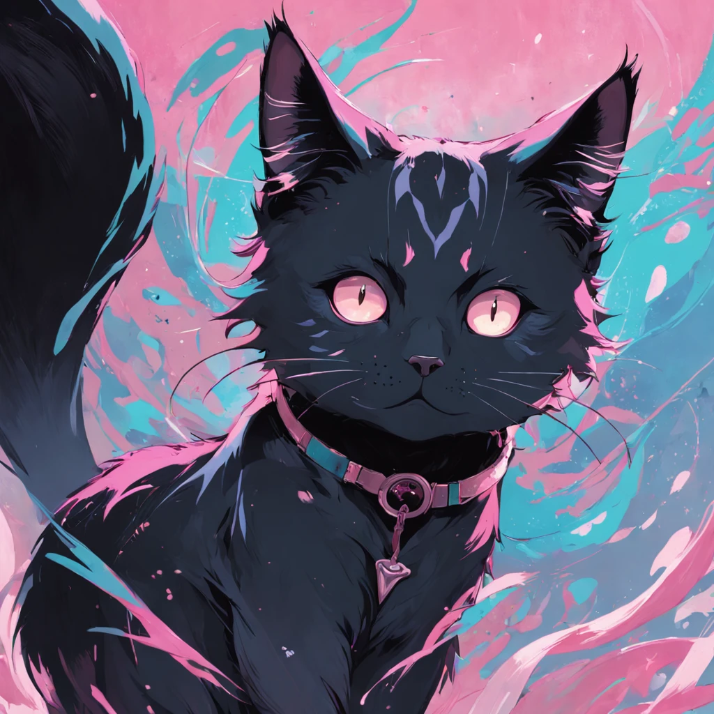Gato en el arte, Aseo de ojos estrechos、ocio、Color principal Negro, Color secundario cian, Fondo rosa pastel, artistic, sofisticado, Warm style, Las formas incluyen gatos abstractos, Playful forms, Pieza elegante, Las texturas incluyen texturas de pelaje, Pintura lisa, textura de la tela, Lines contain elegant lines, Curvas naturales, Silueta delicada, La forma es elegante, accesible, expresivo, aesthetic.