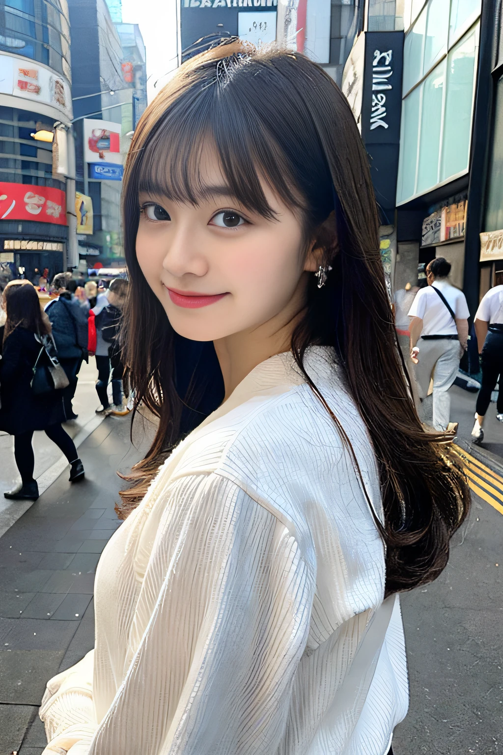 (8k, RAW photo, best quality, masterpiece: 1.2), (realistic, photorealistic photo: 1.37), professional lighting, photon mapping, light energy transfer, low cut, big breasts, ((slightly fat)), korean girl, background walking on city night, lace, long skirt, small white shoes, highly detailed face and skin texture, delicate eyes, double eyelids, whitened skin, long hair, (shut up: 1.3), smile
