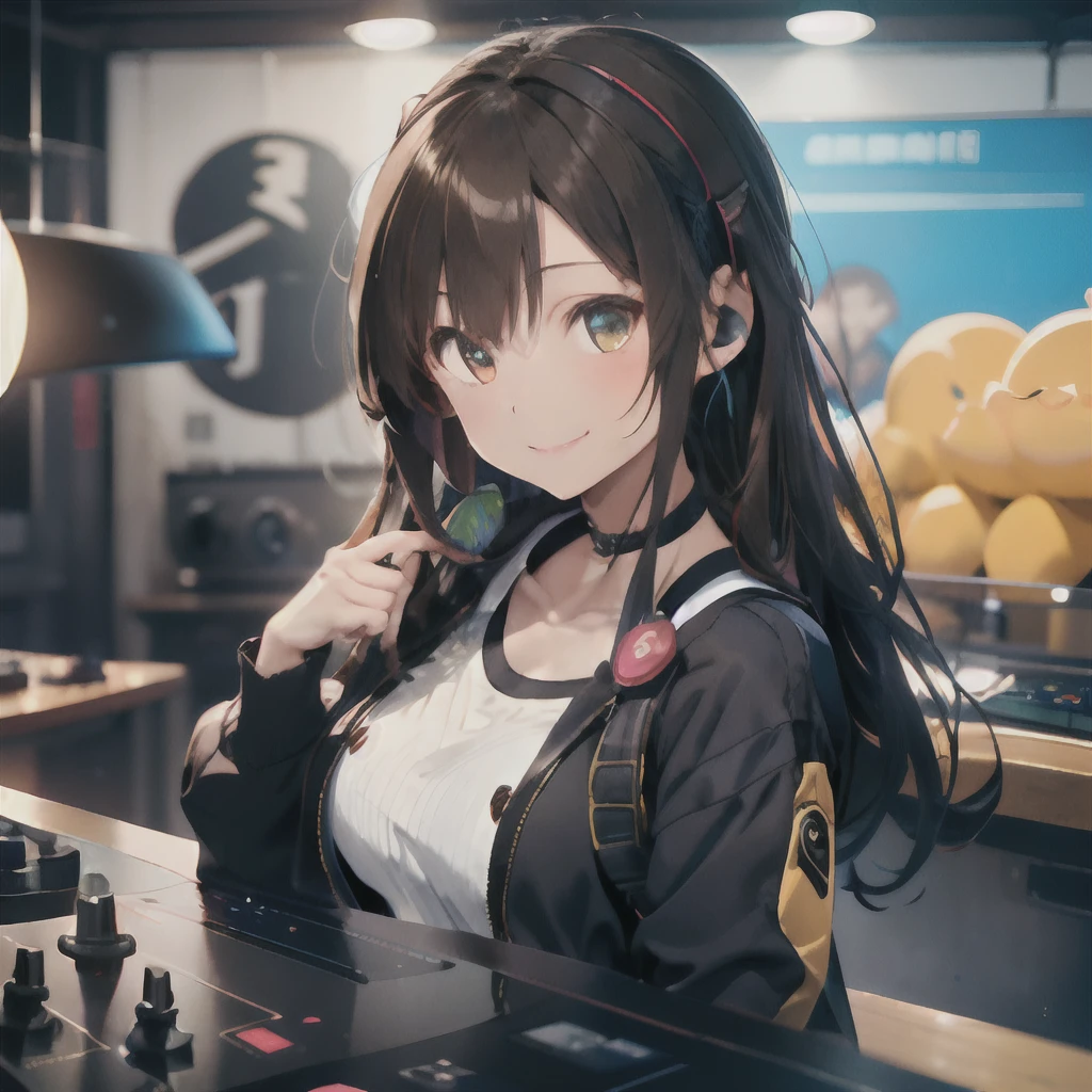 (1 girl、brunette color hair、hair straight、hair adornments、ssmile、A smile、small tits、cute  face)、Yellow jacket、Black pants、full body Esbian、Camera view、Turntables on both sides of the blender console、tmasterpiece、top-quality、NFFSW、Wearing headphones around your neck