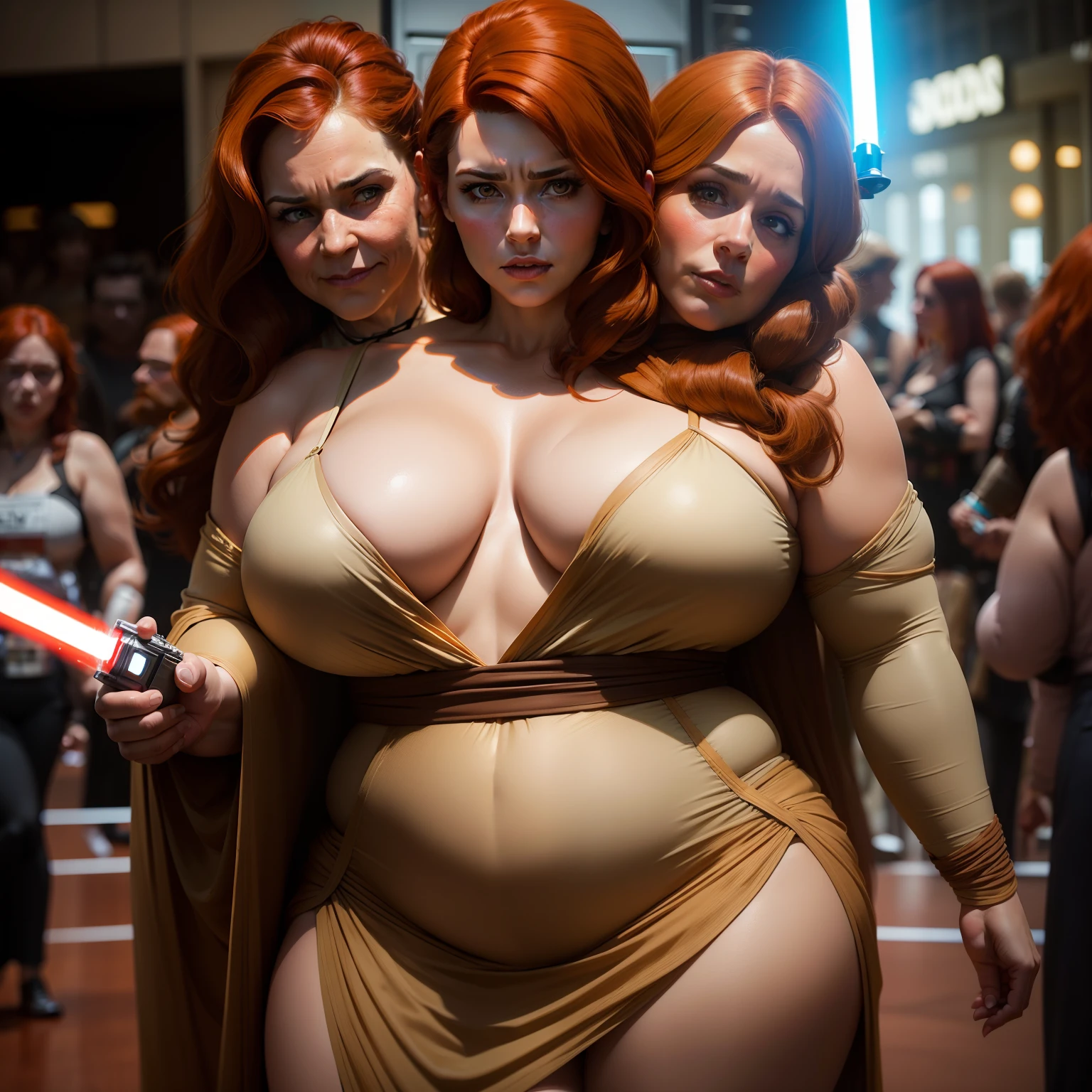 ((2heads)), 1woman, 40 years old, realistic, overweight, dressed like princess leiah, droopy breasts, brown hair, red hair, ar a busy star wars convention, Chewbacca in the background, holding a lightsaber