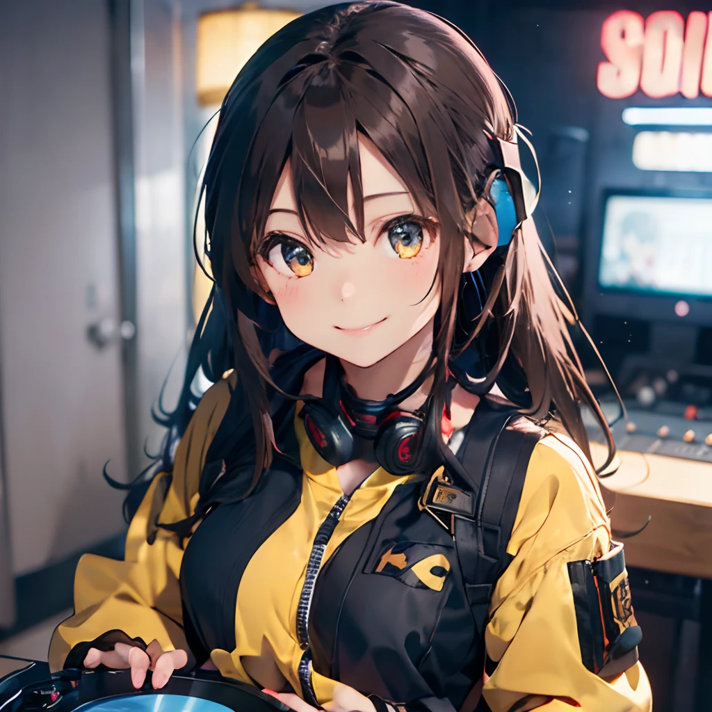 (1 girl、brunette color hair、hair straight、hair adornments、ssmile、A smile、small tits、cute  face)、Yellow jacket、Black pants、full body Esbian、Camera view、Turntables on both sides of the blender console、tmasterpiece、top-quality、NFFSW、Wearing headphones around your neck