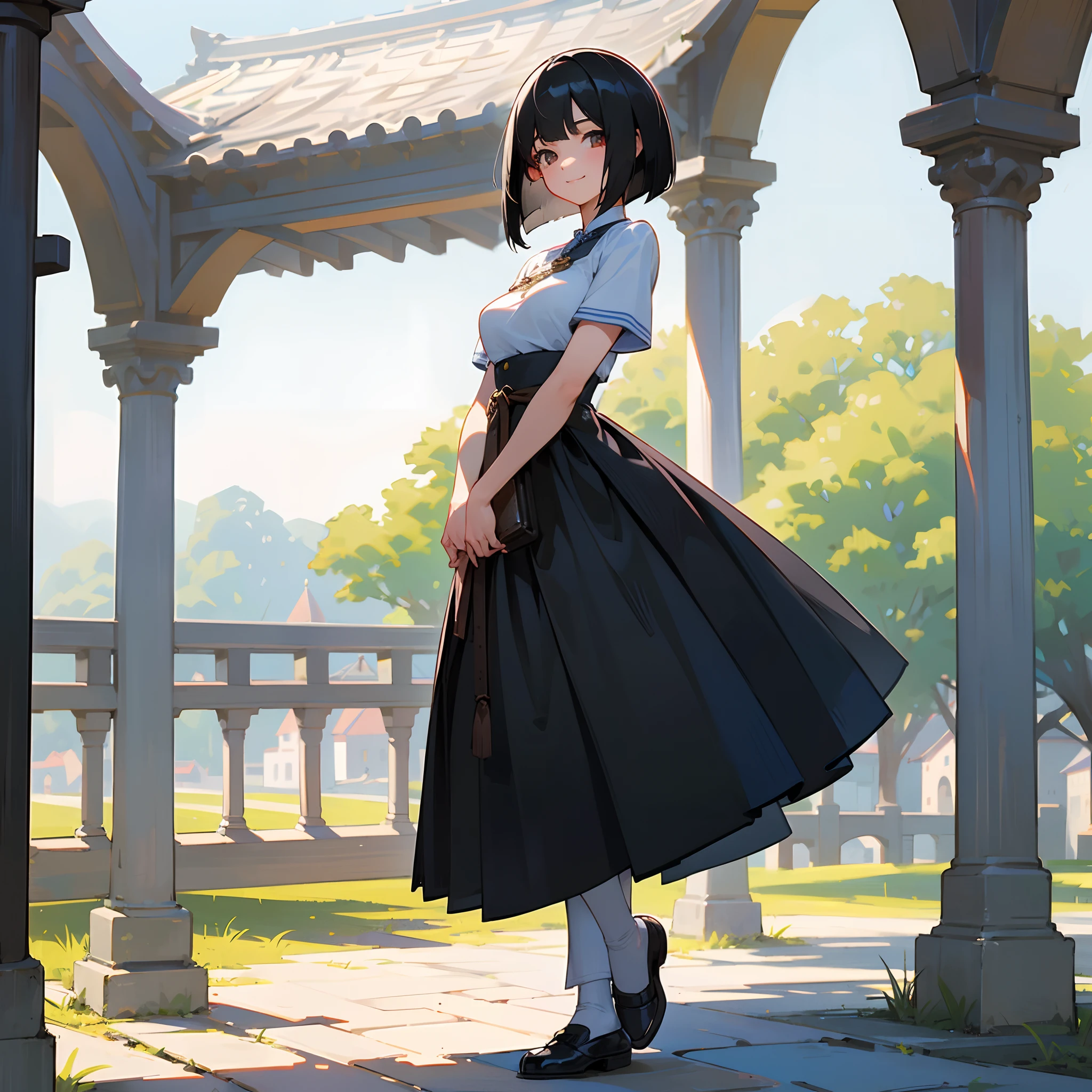With the best image quality、 girl standing alone outdoors。In high resolution、Beautiful fine details、tranquil atmosphere。(((Black Hair Bob Hair)))、Cute smile。((breasts are large))、I don't have anything in my hands、realistic hand、Medieval European national costume with short sleeves、Medieval European Streets、Leather shoes。
