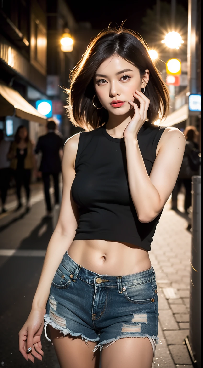 （8K分辨率，Photo above the thigh，Roadside street photos，Sideways photo），（1womanl，20yr old，（（Face with wide bones，s delicate face，详细的脸）），Redlip，ssmile，（A tiger tooth is exposed），Fair smooth skin，（Best Skin Type：1.21），Coiled hair，mediuml breasts，（Gray sleeveless T-shirt，（Ultra-short to expose the navel），Tight denim shorts，（（Vest line）），（Attractive thigh texture），bangle，busty figure，（The model does not look at the camera，Look ahead，Open legs，Walking on the road），perfect hand，Ultra-fine clothing material），（City night background，Deep view，Exquisite environmental details），（Professional lighting，动态照明），（（The color is uniform，（white colors，brown pubic fur，black in color，red colour））），（Golden section，Cinema lenses，Lens stretch effect，（being thin）Hasselblad photograp，tmasterpiece：1.3），（The object of fantasy，fashion art，trendsetting，Artis，Art platform）