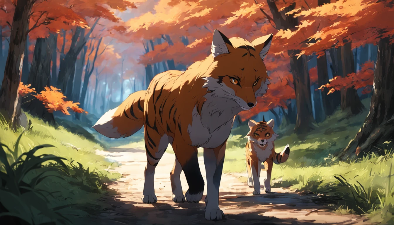 tmasterpiece, best qualityer, cinematic Film still from, Two animals,A fox and a tiger, Close-up Shot Shot, The fox walks ahead,The tiger followed, Walking in the forest