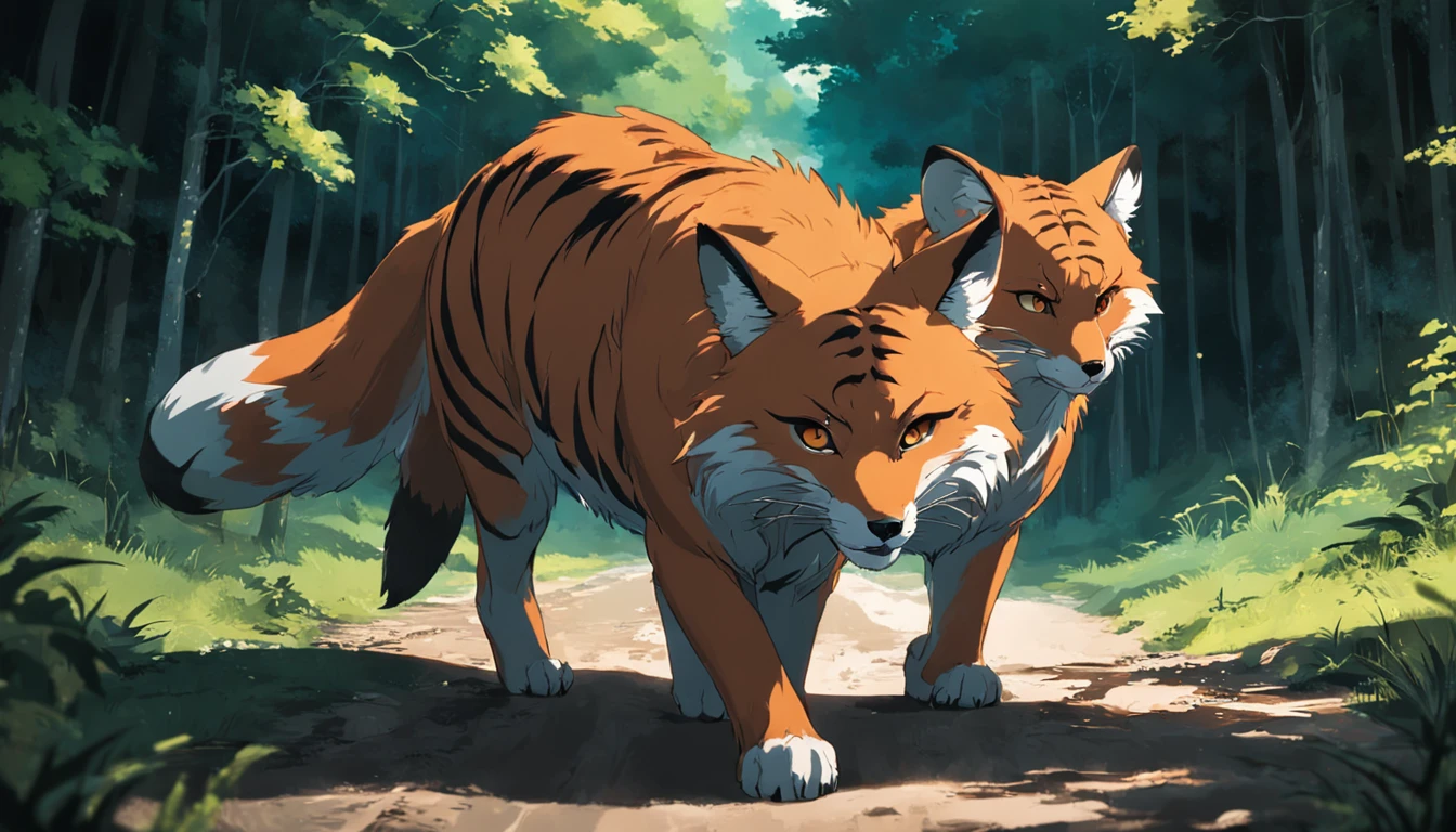 tmasterpiece, best qualityer, cinematic Film still from, Two animals,A fox and a tiger, Close-up Shot Shot, The fox walks ahead,The tiger followed, Walking in the forest
