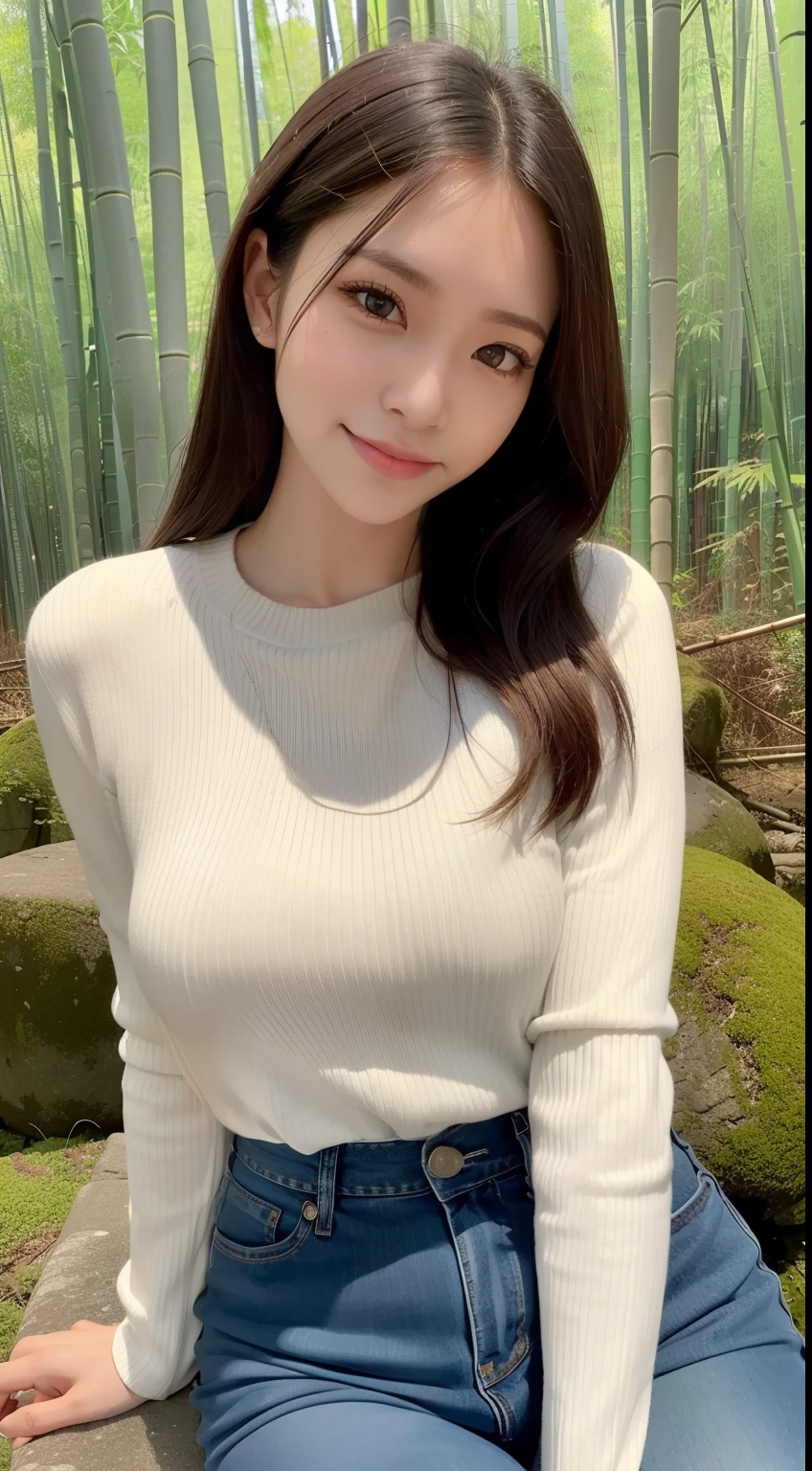 a pregirl，ssmile，looking at viewert，Tight sweater，skintight jeans，photore, realisticlying, Best quality at best， 详细的脸，Detailed eyes，Sitting sideways on a large mossy stone in a bamboo forest， diffuselighting, depth of fields