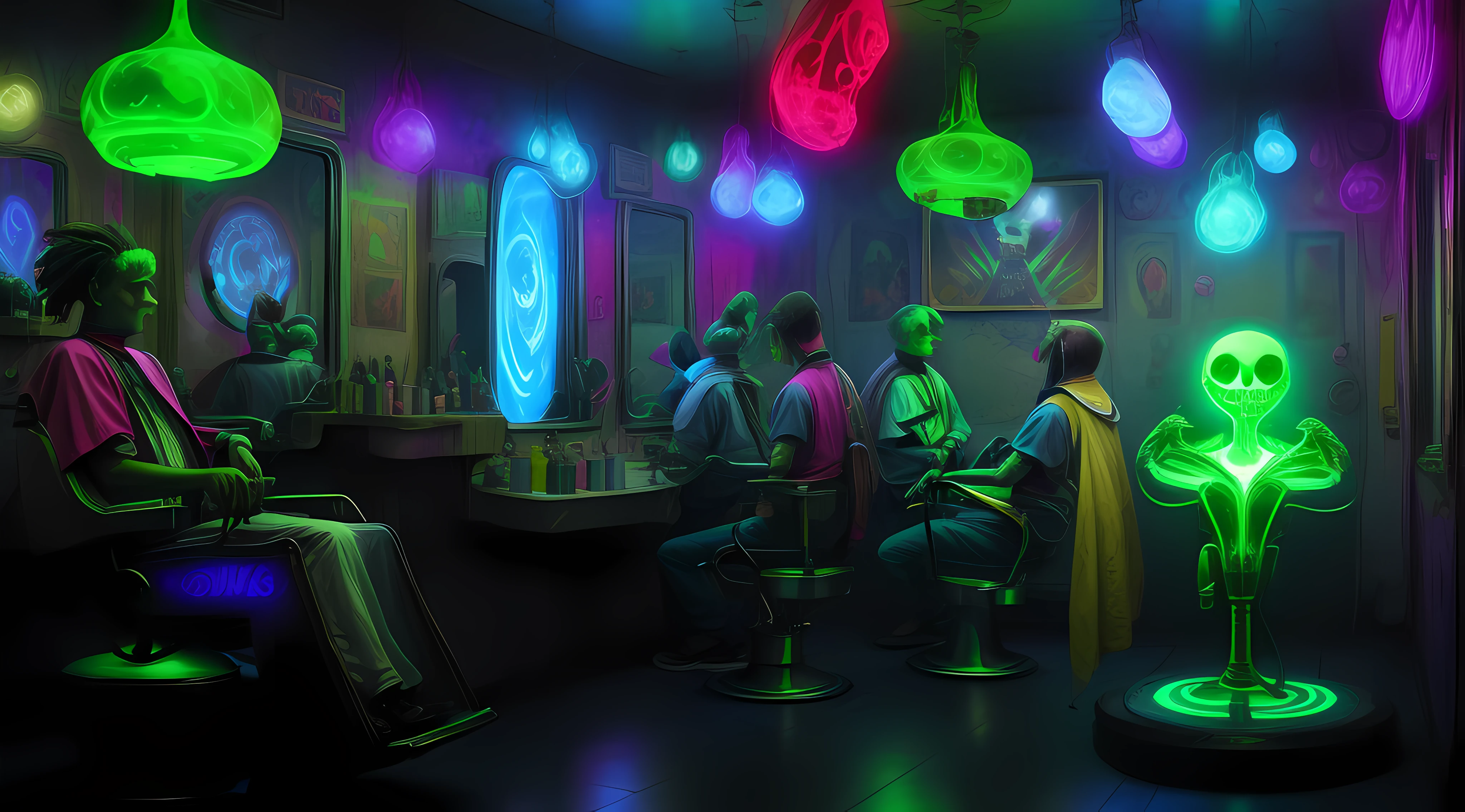 aliens getting a haircut in the barber shop and psychedelic background
