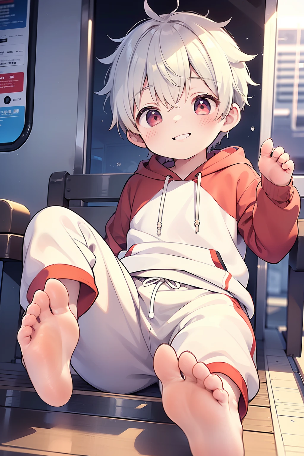 Masterpiece, chubby  boy with golden hair and shiny bright red eyes and barefoot wearing a hoodie, and oversized sweatpants sitting in a train, young, boy, child,l, toddsoft lit, (sweatpants:1.4), (Boy:1.4), (Shota:1.4), (Young:1.4), (Male:1.4), (smiling:1.4), (foot:1.4), (shy:1.4),