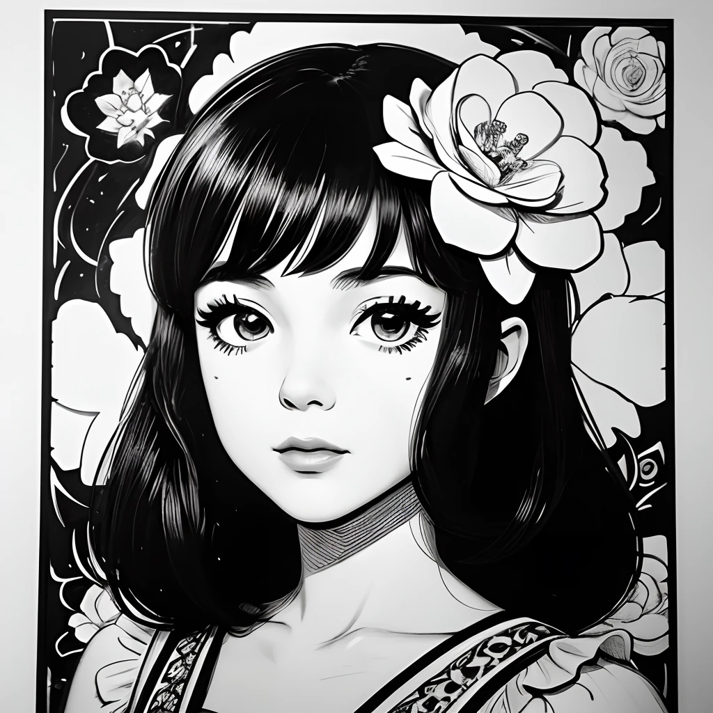 Black and white stick figure 1 girl with flowers, lots of flowers in background, loli in dress with flowers, its fine ink line art, comic style, portrait of ploynesian girl, Marilyn Munroe, Hollywood glam, beautiful line art, black and white comic style, manga style, manga art style, pencil and ink caricature drawing, black and white coloring