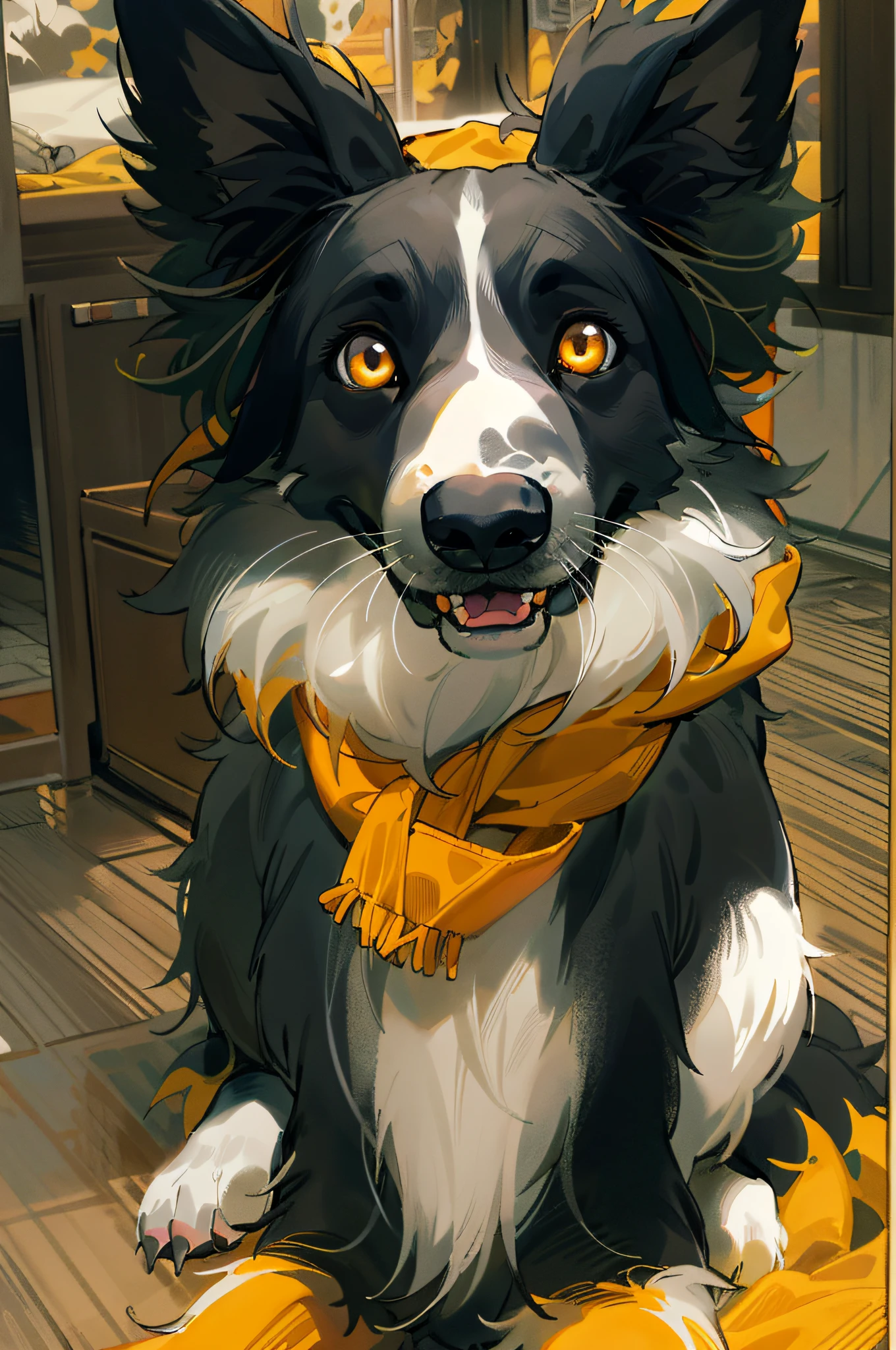 (Best picture quality), (tmasterpiece), (((solo person))),(ultra - detailed),(hairy pubic), Hairy all over,(Female border collie:1.5), (black and white skin:1.3), Character focus,(Golden eyes), He wears an orange scarf around his neck，((Canine paws)), ((Detailed characters))，(Large black half-hanging ears),tack sharp focus,(The furry feeling of animal ears),On the fluffy bed in the hostel，Yellow light，dim murky lights，sitting sexy on bed，shyexpression，style of anime，The color style is bright，The whole body is fluffy fluff，Wearing glasses