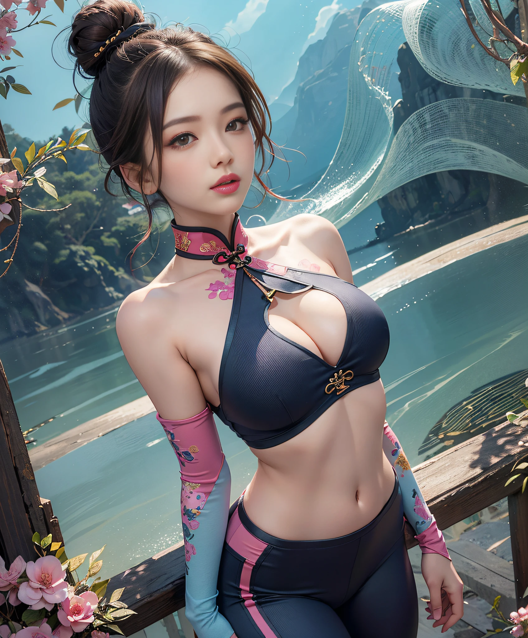 Woman in her 20s, Chunlim, (Perfect face), Defined jawline, Beautiful brown eyes, Beautiful lips, (short brown hair, Hair bun, Double bun), (Perfect hands), (Pink cheongsam Fetham), Tight blue track pants, Spiky bracelet, (Vertical split pose), Looking at Viewer, (Medium Full Shot Photo), Realistic, Sexy possessions、(((Richly decorated with costumes)))、Kick Open Pose、Farbe々Variation Pose、Navel Ejection、Chinese landscape background,cleavage of the breast
