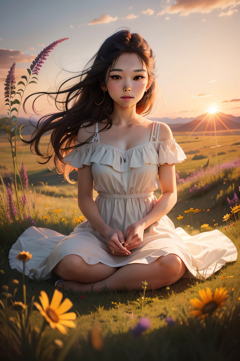 Create images of serene grass,Colorful wildflowers and brilliant sunsets in the background.