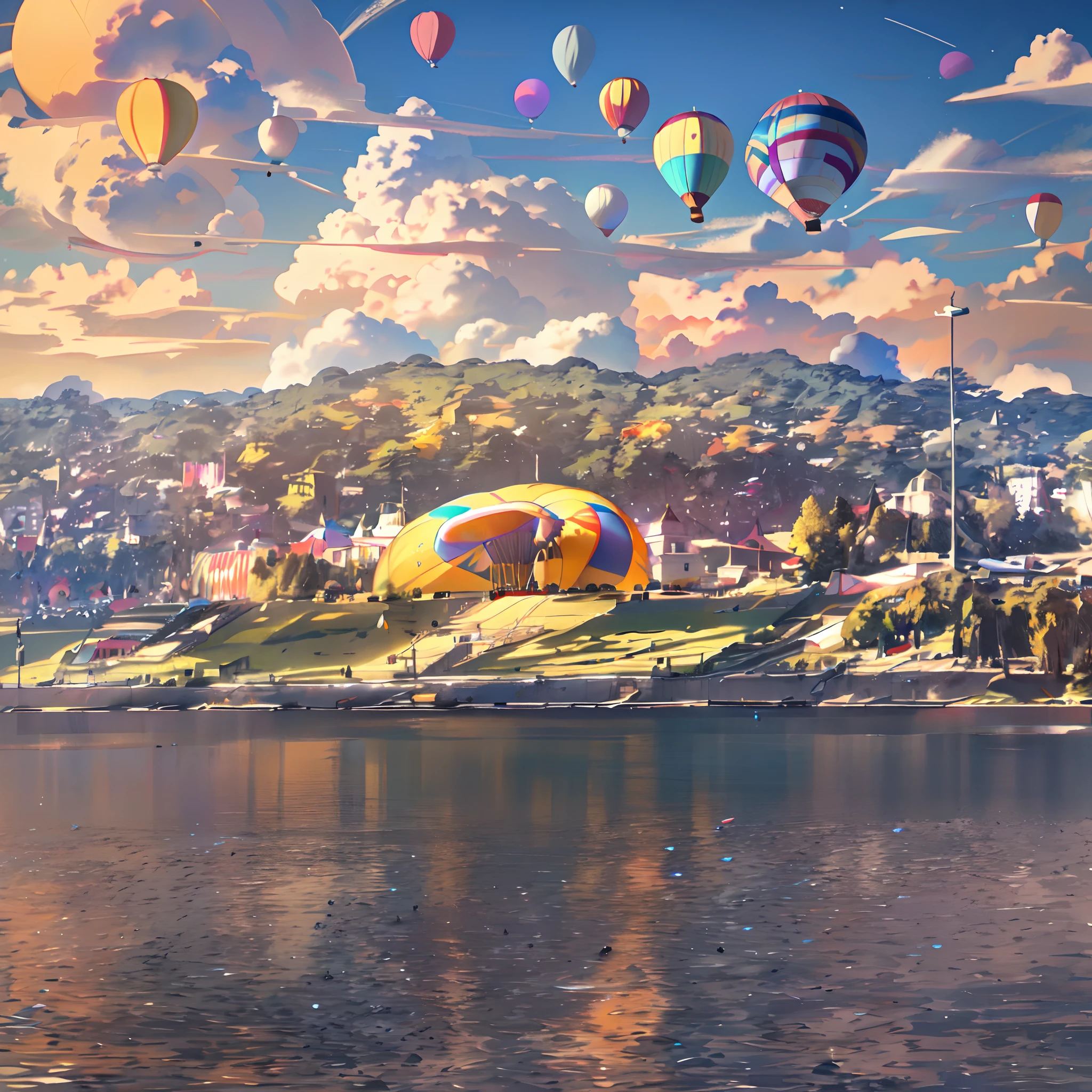 there is a yellow hot air balloon over the hill above the water, taken with iphone 1 3 pro max, taken with iphone 1 3 pro, taken with iphone 1 3 pro, taken with iphone 14 pro, taken with sony alpha 9, by Okuda Gensō , remote, taken with iphone 1 0, okuda, sportspalast . amphitheater