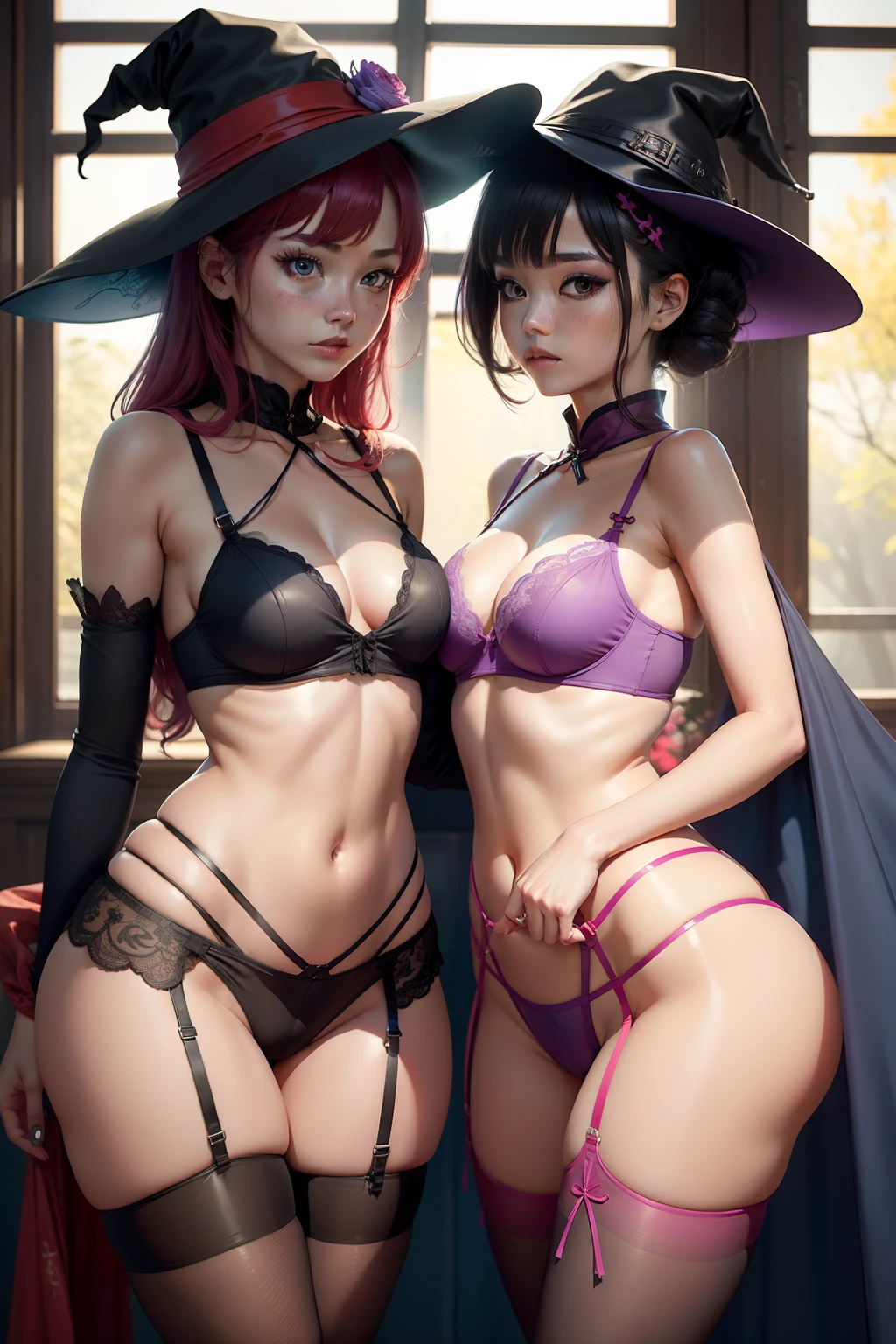 Bright colors,2 girls,lesbian,french kiss,wet kiss,wet,watery,Dragon horn on witch hat,The shirt is transparent,Expose the bra,Skeleton bra,Sexy bra,Pantyhose wrapped around the hips,Open at the underwear,clear clothing,Fully transparent,tits,camel toe,body curve,stooped,nsfw,nake,mistic,Tights made of stockings,Jumpsuits,odd eyes,sexy,on cheongsam,Gauze skirt,Matching hairstyle,Matching poses,sexyposture