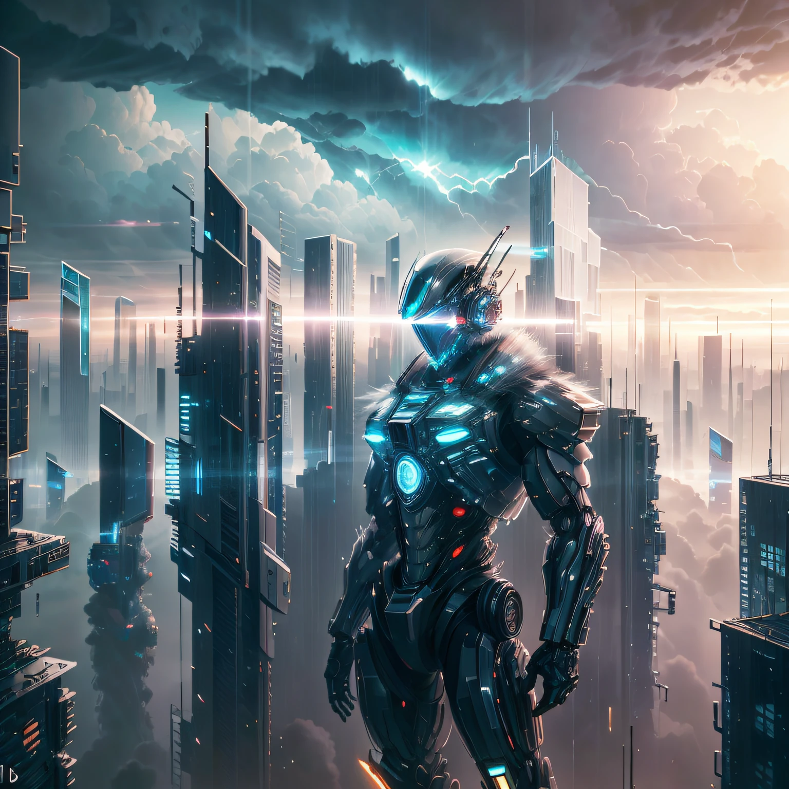 cyber punk perssonage [Hazy cityscape in the distance：A man in a mech，城市：0.33] Immerse yourself in the immense wind current，Live in thunderclouds，Behind the clouds，（Doubleexposure：1.3），photography of：Brandon Woelfelmist，Surreal dreams，Gray atmosphere，rainy days，dyna，LUT，HDR