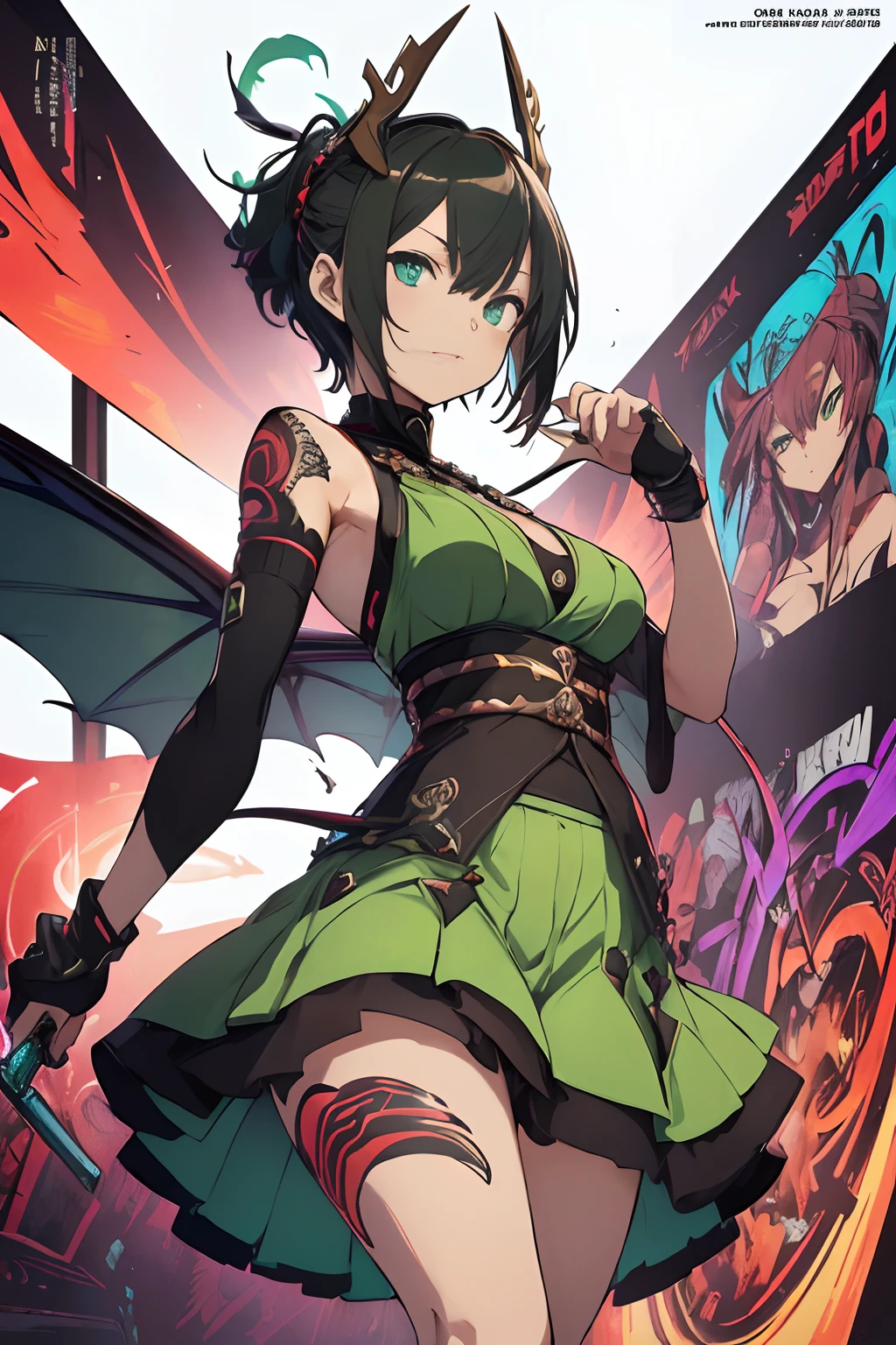 ((((dramatic))), (((gritty))), (((intense))) film poster, ((Best Quality)) ((Masterpiece)) 1girl, 19 year old, black hair, pixie bob haircut, flirty smirk ((( light green fairy straplessdress ))) (((mini skirt))) ((( upskirt ))) ((slender)) (busty) ((sexy dress)) 6 and a half heads full body The color palette is mainly dark with splashes of vibrant colors, giving the poster a dynamic and visually striking appearance,tachi-e , revealing, large breasts, young beautiful girl, ultra detailed, official art, unity 8k wallpaper, BREAK, neon lighting, (vibrant brightness): 1.2, dynamic colors, striking contrast, futuristic vibration, electric power, reflective surfaces, masterpiece, best quality, ultra-detailed, illustration, 1girl, solo, background, mixed-language_text, japanese letters in graffit, girls, excellent lighting, sidelighting, (), vhsKeeper,, style GUILTY GEAR -STRIVE perfect(flat color: 1.3), (magazine_cover: 1.4), (multicolored_background: 1.3), striped_background, card_background, :: comix style by Joe Madureira :: , perfect and detailed, ultra detailed shirt with abstract design, with Japanese letters print in graffit of the sides of the clothing, image of full-body girls fighting, next to you with powerful dragons versus alien creature full of tentacles , with immersive effects, hover effect, background style graffiti tribal tattoo with vibrant colors "ultra hdr" detailed and with focus effect, (masterpiece: 1.2, best quality), (finely detailed beautiful eyes: 1.2), , ((Solo)), (Finely detailed eyes and detailed face: 1.3), in various full-body attack poses, (cute background: 1.2),futuristic costume, Super detailed circular metals Clinging to the arms and pants, fantastic paintings