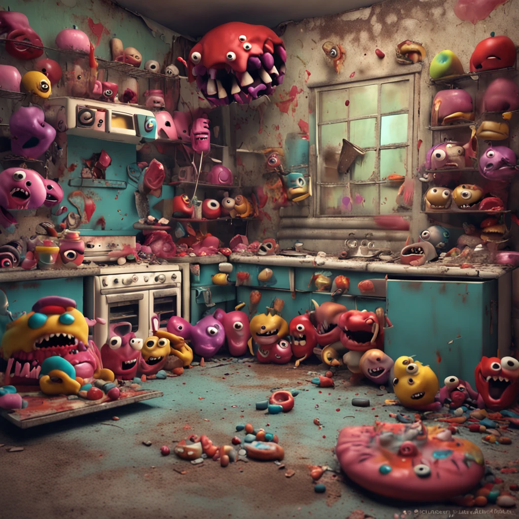 monstros feitos de doces ocupam uma cozinha abandonada, Monsters are made of candy and have scary teeth and eyes, The kitchen has been abandoned for many years and is very dirty, There are ketchup marks on the floor and walls, melhor qualidade, master part, ultrahigh-resolution, foto-realista, DSLR camera