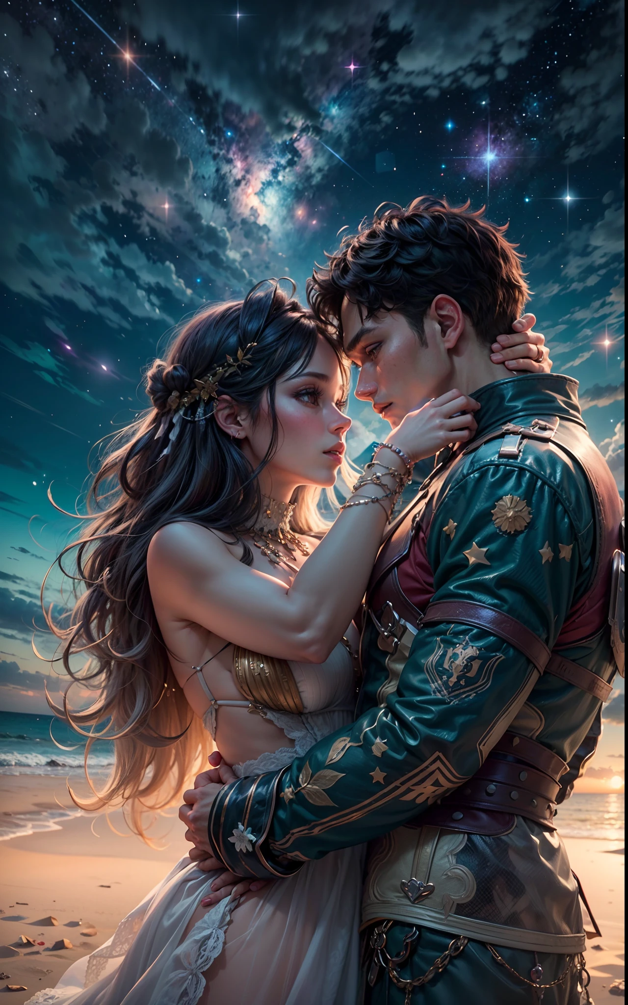 "close up,Image of a young couple in their early 20s, embracing each other beneath the starry sky, detailed outfits, against a stunning night sky backdrop, by a beach,the man was naked top, and the woman was in a sexy clothes The scene is filled with fantasy elements and features a fantastic scenery. Seeking a masterpiece with the best quality and extreme detail."