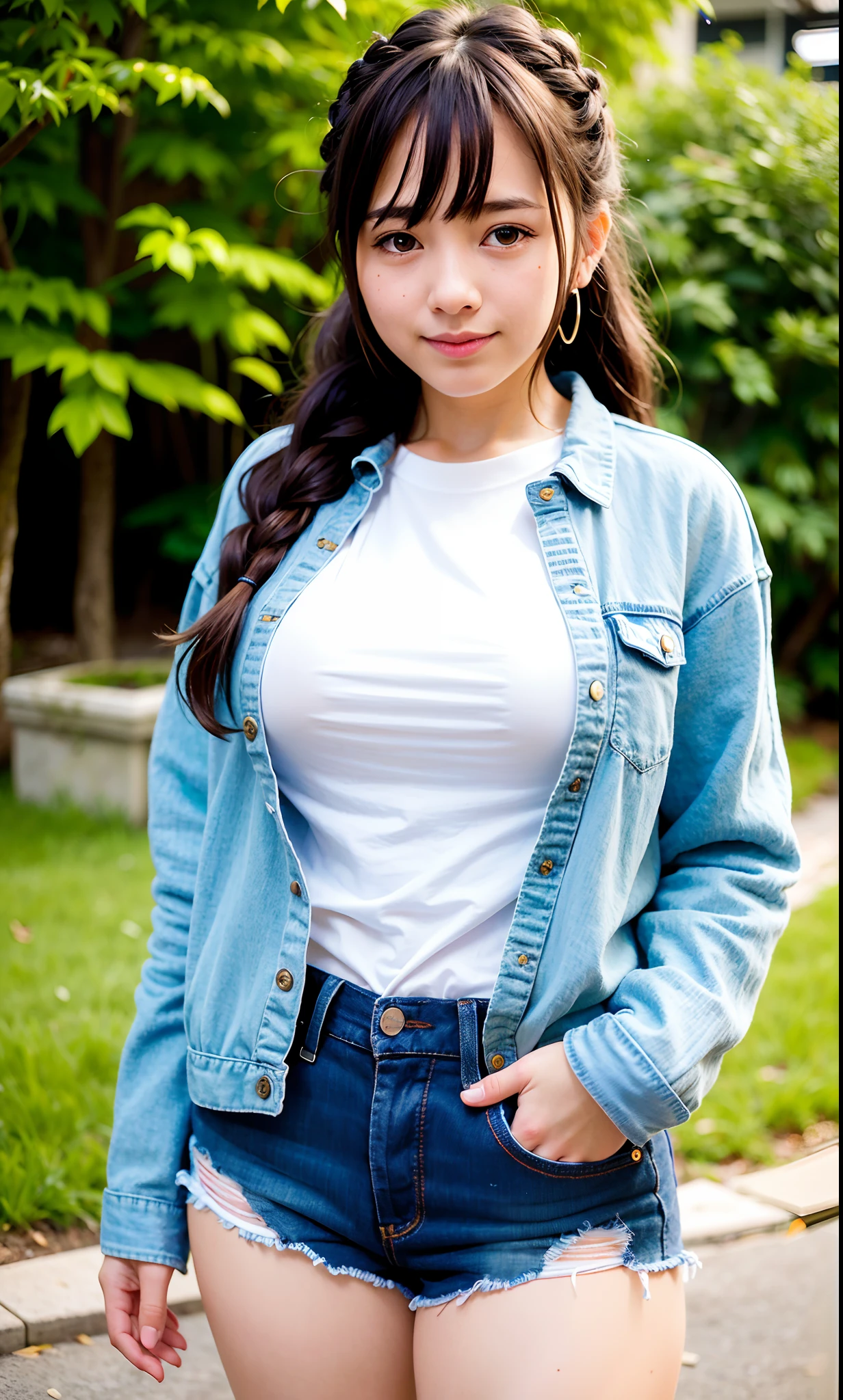 Best quality, long hair bangs curly two side braids loose towards the front, (Brown hair color), 超高分辨率, (Photorealistic:1.4), 1lovelygirl, bit girl, (Young), pink puffy , NSFW, ,(Kpop idol), (aegyo sal:1), (Huge breasts), (Denim shorts), Smiling, Cute, full bodyesbian, hands together in front, Background street, Nature, peaceful neighborhood, Sunlight,ta