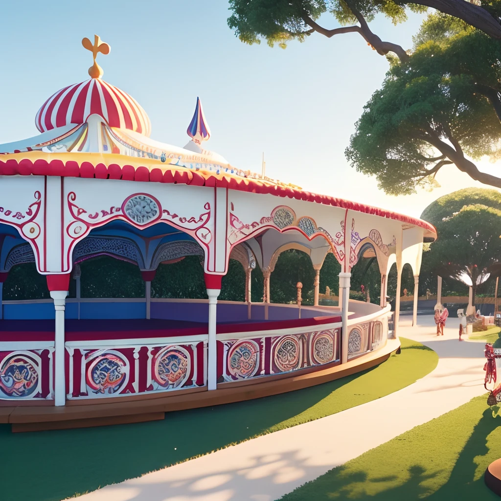 Gerar uma cena, parque infantil, roda gigante, capacete, carrossel, arte de fundo estilo conto de fadas, White background and animation, magical dream-like atmosphere, fundo de carnaval, arte conceitual !Dream, detailed scenery—width 672, arte de fundo