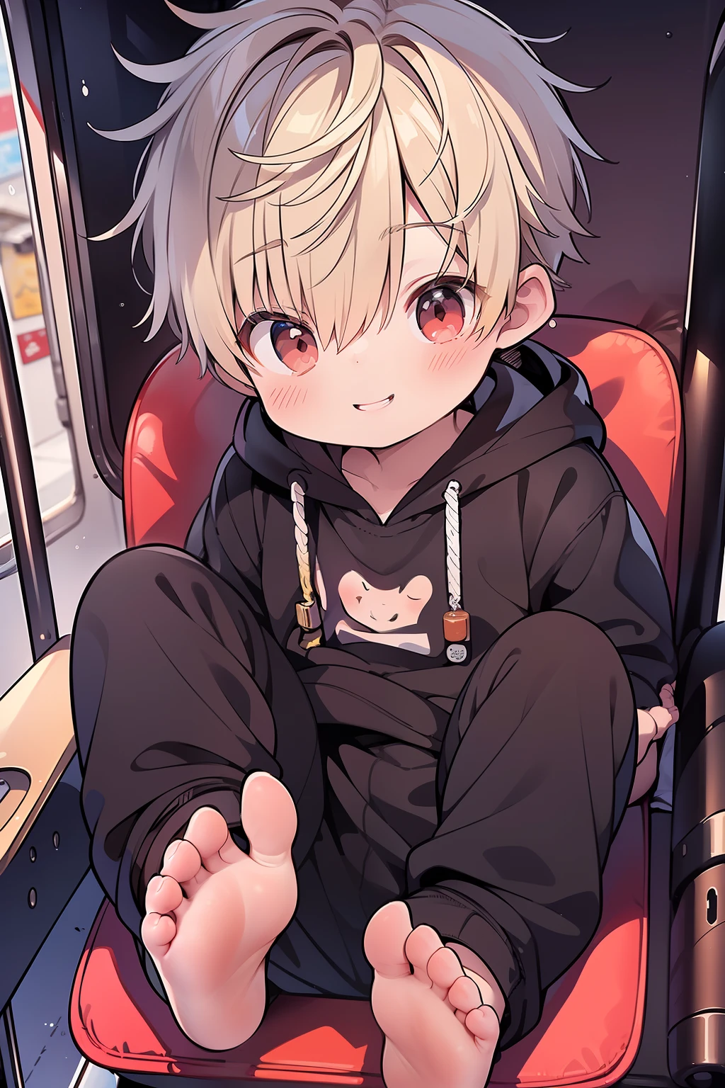 Masterpiece, chubby ********** with golden hair and shiny bright red eyes and barefoot wearing a hoodie, and oversized sweatpants sitting in a train, young, boy, child, small, toddler, soft light, (sweatpants:1.4), (Boy:1.4), (Shota:1.4), (Young:1.4), (Male:1.4), (smiling:1.4), (foot:1.4), (shy:1.4),