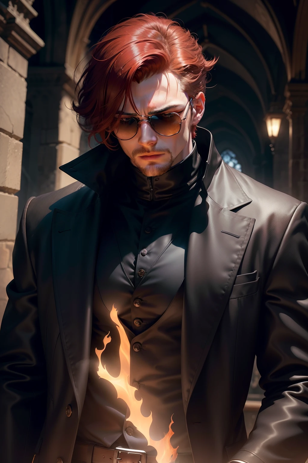 In the solemn expanse of a cathedral-turned-museum, a young man of approximately 20 years old strides with a quiet confidence, his muscular frame cutting through the shadows that cling to the dimly lit space. His fiery red hair, cropped into a sharp fade cut, catches what little light there is, casting an almost ethereal glow against the backdrop of ancient stone and aged wood. The transition from his closely cropped hair to the pale skin of his scalp is like a gradient from darkness to light, accentuating the aura of enigma that surrounds him.
Adorned with dark sunglasses, he appears as a walking enigma, shielding his eyes from the sacred and somber surroundings while surreptitiously surveying the exhibits. His gaze, beneath the sunglasses, holds an uncanny allure—a mysterious spark that mirrors the hue of his hair, a captivating shade of orange. His eyes seem like molten pools of amber, holding depths of emotion yet revealing nothing. They are akin to a window into an unshared past, laden with secrets and experiences that have shaped his youthful face, yet somehow hardened by life.
His muscled form is evident even beneath his dark, winter-appropriate attire. A black, heavy coat drapes over his shoulders, its collar turned up against the chill that pervades the cathedral-museum. The coat's length lends an air of dramatic elegance, contrasting with the understated surroundings. Beneath the coat, a fitted black turtleneck clings to his chest and shoulders, a reminder of his strength against the hushed reverence of the space. His attire, tailored and timeless, is like a shield against the world.
The cigarette between his fingers is a visual metaphor for life itself: in constant combustion, emitting tendrils of smoke that curl and sway like the whispers of ancient secrets. He smokes with a mix of nonchalance and contemplation, as if the act of inhaling the smoke allows him to delve into profound thoughts, perhaps even momentarily escape the reality that surrounds hi