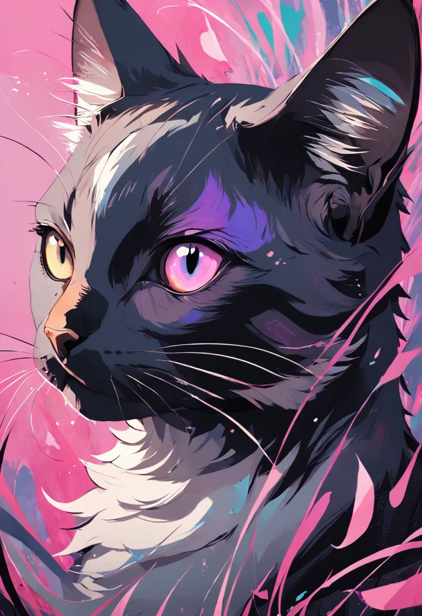 Gato en el arte, Aseo de ojos estrechos、ocio、Color principal ?????, Color secundario cian, Fondo rosa pastel, artistic, sofisticado, Warm style, Las formas incluyen gatos abstractos, Playful forms, Pieza elegante, Las texturas incluyen texturas de pelaje, Pintura lisa, textura de la tela, Lines contain elegant lines, Curvas naturales, Silueta delicada, La forma es elegante, accesible, expresivo, aesthetic.
