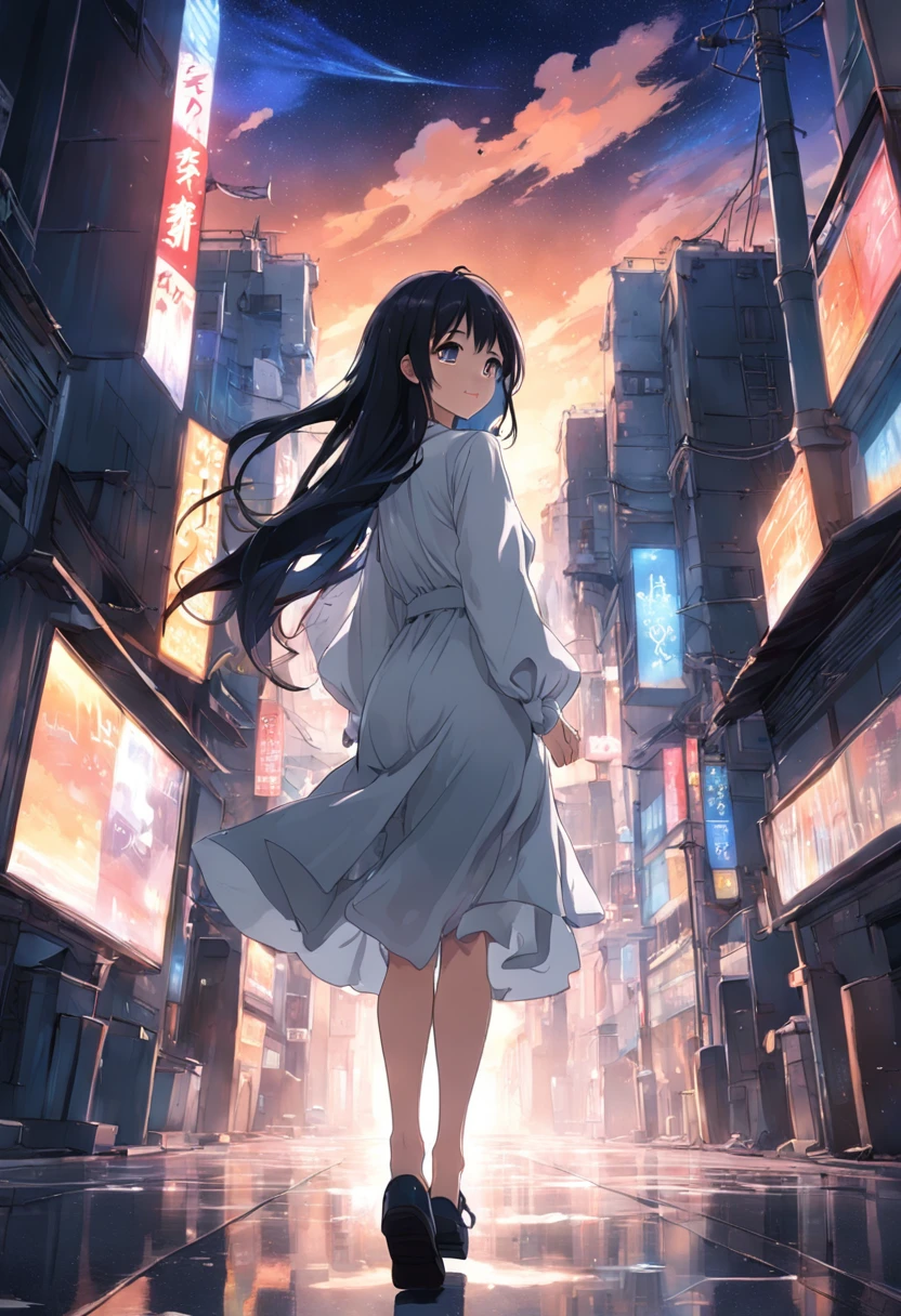 Urban background、Woman smiling at me turning around、、A dark-haired、White shirt dress、Casket、starrysky、2 days and months、dreamlike landscape、From a distance、Building Street、Near future、the wind、 TOKYOcty、high-heels