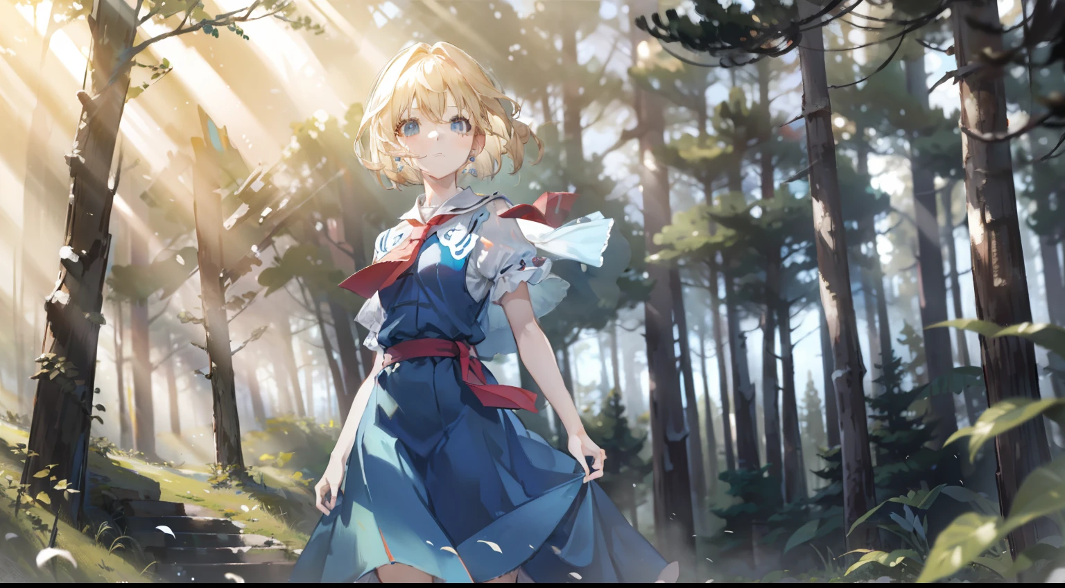 Alice Margatroid standing with hair blowing in the wind, 1 girl, solo, forest, looking at viewer, blonde hair, blue eyes, forest, sunbeams, bangs, sailor collar, outdoors, jewelry, sun, earrings, mouth closed