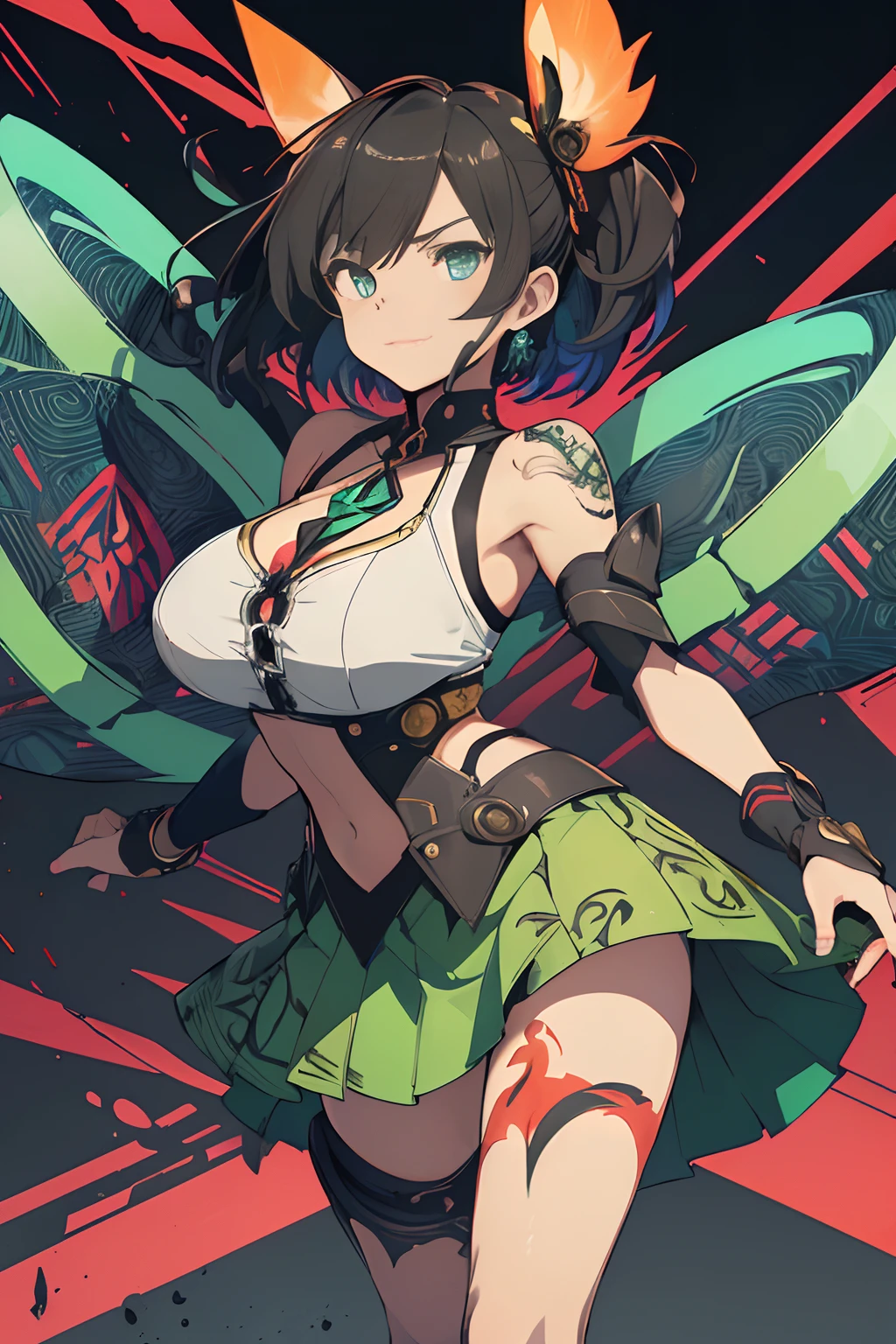 ((((dramatic))), (((gritty))), (((intense))) film poster, ((Best Quality)) ((Masterpiece)) 1girl, 19 year old, black hair, pixie bob haircut, flirty smirk ((( light green fairy straplessdress ))) (((mini skirt))) ((( upskirt ))) ((slender)) (busty) ((sexy dress)) 6 and a half heads full body The color palette is mainly dark with splashes of vibrant colors, giving the poster a dynamic and visually striking appearance,tachi-e , revealing, large breasts, young beautiful girl, ultra detailed, official art, unity 8k wallpaper, BREAK, neon lighting, (vibrant brightness): 1.2, dynamic colors, striking contrast, futuristic vibration, electric power, reflective surfaces, masterpiece, best quality, ultra-detailed, illustration, 1girl, solo, background, mixed-language_text, japanese letters in graffit, girls, excellent lighting, sidelighting, (), vhsKeeper,, style GUILTY GEAR -STRIVE perfect(flat color: 1.3), (magazine_cover: 1.4), (multicolored_background: 1.3), striped_background, card_background, :: comix style by Joe Madureira :: , perfect and detailed, ultra detailed shirt with abstract design, with Japanese letters print in graffit of the sides of the clothing, image of full-body girls fighting, next to you with powerful dragons versus alien creature full of tentacles , with immersive effects, hover effect, background style graffiti tribal tattoo with vibrant colors "ultra hdr" detailed and with focus effect, (masterpiece: 1.2, best quality), (finely detailed beautiful eyes: 1.2), , ((Solo)), (Finely detailed eyes and detailed face: 1.3), in various full-body attack poses, (cute background: 1.2),futuristic costume, Super detailed circular metals Clinging to the arms and pants, fantastic paintings