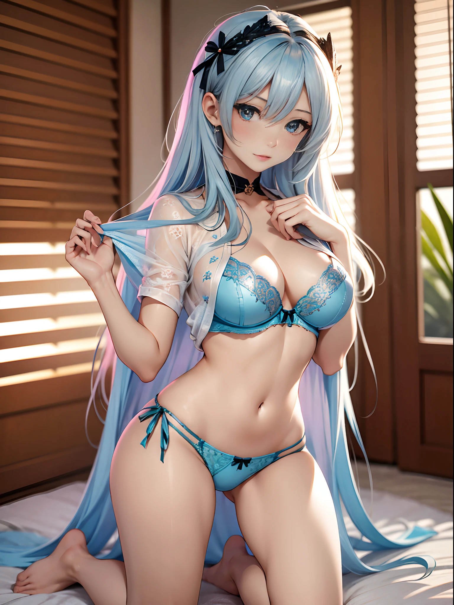 (Enrich the picture,Masterpiece level quality)Beautiful 8K CG artwork,Goddess-like posture,Kneeling exercise,Slim and soft,Translucent skin,Blue hair、The beauty of extra-long hair, Super Long Straight Hair,The skin is fair and juicy,Big breasts lingerie miniskirt uniform,Perspective Part 1.2x enhanced silhouette effect,Exquisite transparent blues pattern in pajamas,The details are intricate and exquisite,The background is slightly blurred,Charming and lustful leg seduction,Drool,Q cup big breasts,Blush,Japan goddess,Perfect body slim curves,Scene by the sea,The shirt is fully open: 1.4, The chest is completely open, Shirts are worn over underwear, (Shirts are worn over underwear: 1.3),