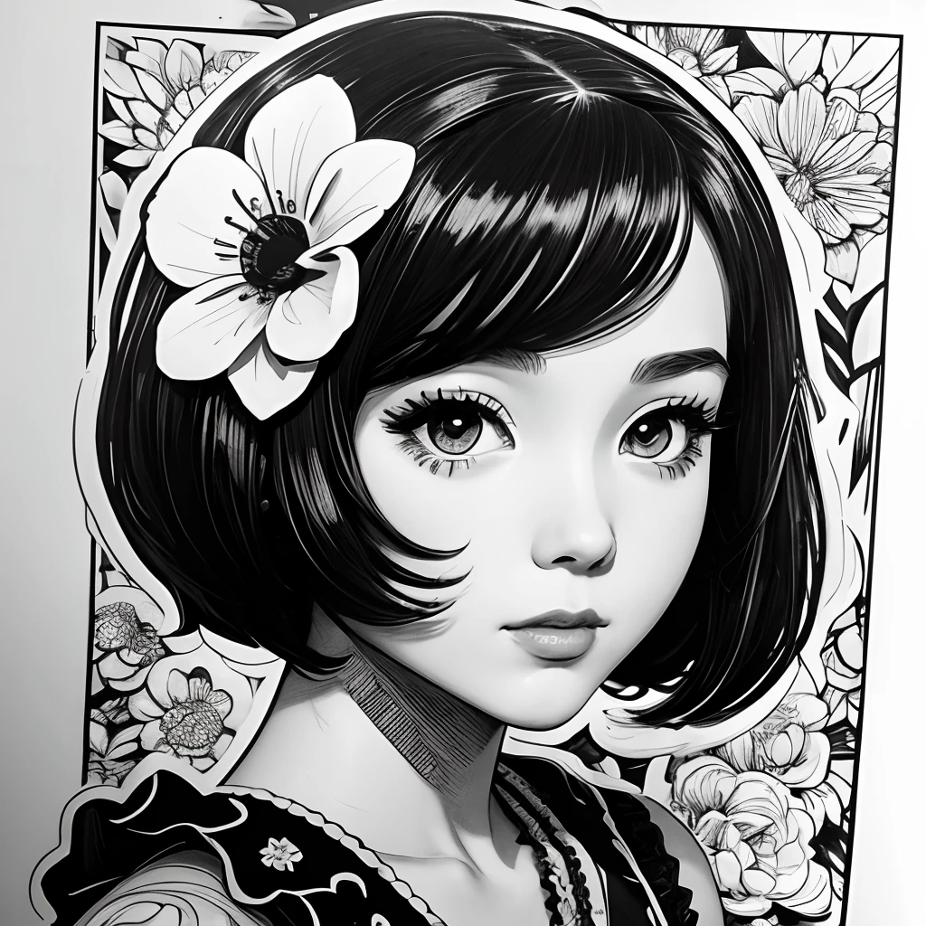 Black and white stick figure 1 girl with flowers, lots of flowers in background, in dress with flowers, its fine ink line art, comic style, portrait of ploynesian girl, Marilyn Munroe, Hollywood glam, beautiful line art, black and white comic style, manga style, manga art style, pencil and ink caricature drawing, black and white coloring