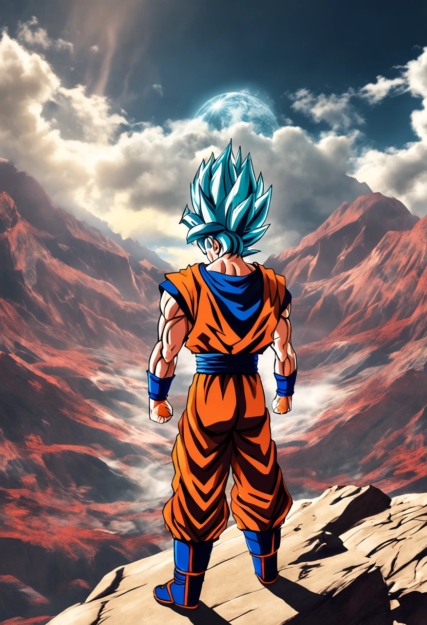 Goku in Super Saiyan God form soaring above a majestic mountain in the Dragon Ball Z universe with breathtaking realism.