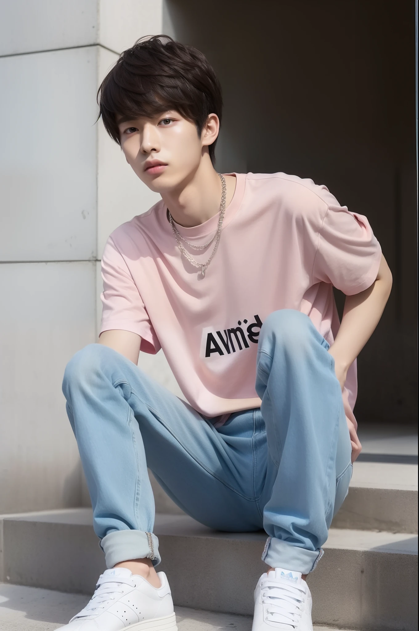 Portrait of 20 year old Japan male idol in casual style in spring/Summer. Wearing a UNIQLO pastel pink T-shirt, Light blue ripped jeans, Adidas white sneakers, And a silver chain necklace. Young in appearance々It's sleek and trendy. Spring hairstyles/Summer. Medium length, Wavy look with a light hold, Gives a fresh and vibrant look.