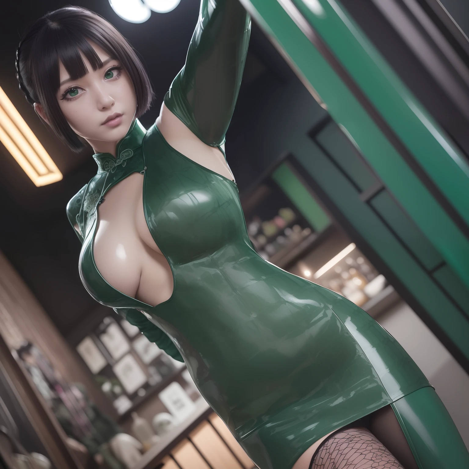 masutepiece,A hyper-realistic,32K,the Extremely Detailed CG Unity 8K Wallpapers, Best Quality,Girls,((Wearing green latex gothic cheongsam:1.2)),(((Deep slit))),((fishnet bodysuit)),Colorful wavy twin tail hair,Full body shot,In the bar,Smile,gal make
