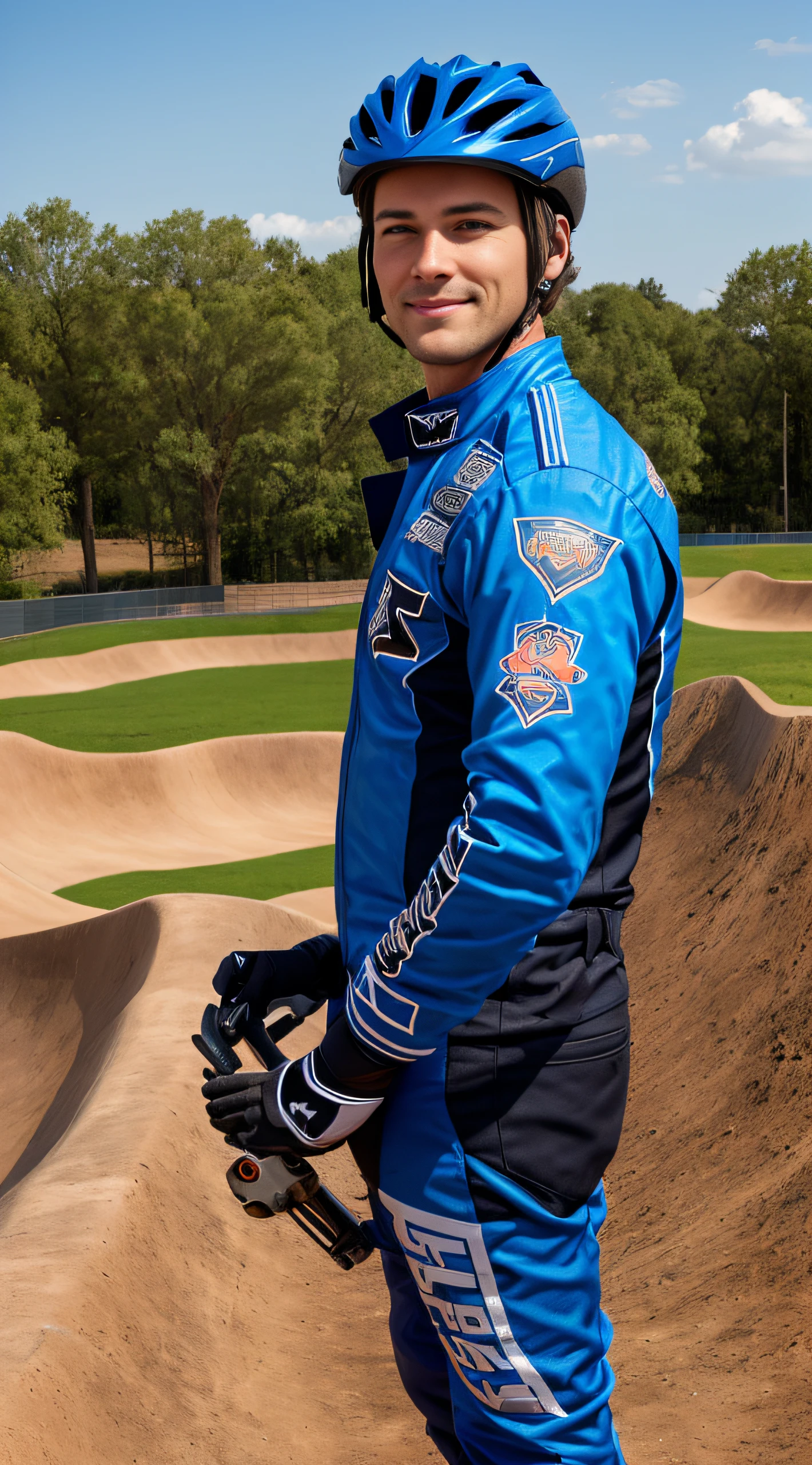 Hyper realistic image of an athletic looking Caucasian man dressed biker uniform. ((The uniform Blue Fox Racing Sports whit Logos: 1.2)). The character should have detailed skin texture, well-defined hands, and hazel eyes that reflect realism. His face should show symmetry in his physical features, and seductive smile, casual hairstyle, detailed finger nails, beautiful teeth, extremely detailed. When standing, the lighting in the scene should be natural and realistic, with a american shot that shows the character centered in the frame, (looking directly at the viewer: 1.9) (Face directly at the viewer: 1.9), (challenging gaze). ((Also, make sure his entire body is facing the viewer to create a sense of connection: 1.9)).
(Fund of a BMX track: 1.6)
detailed background, real-life lighting,