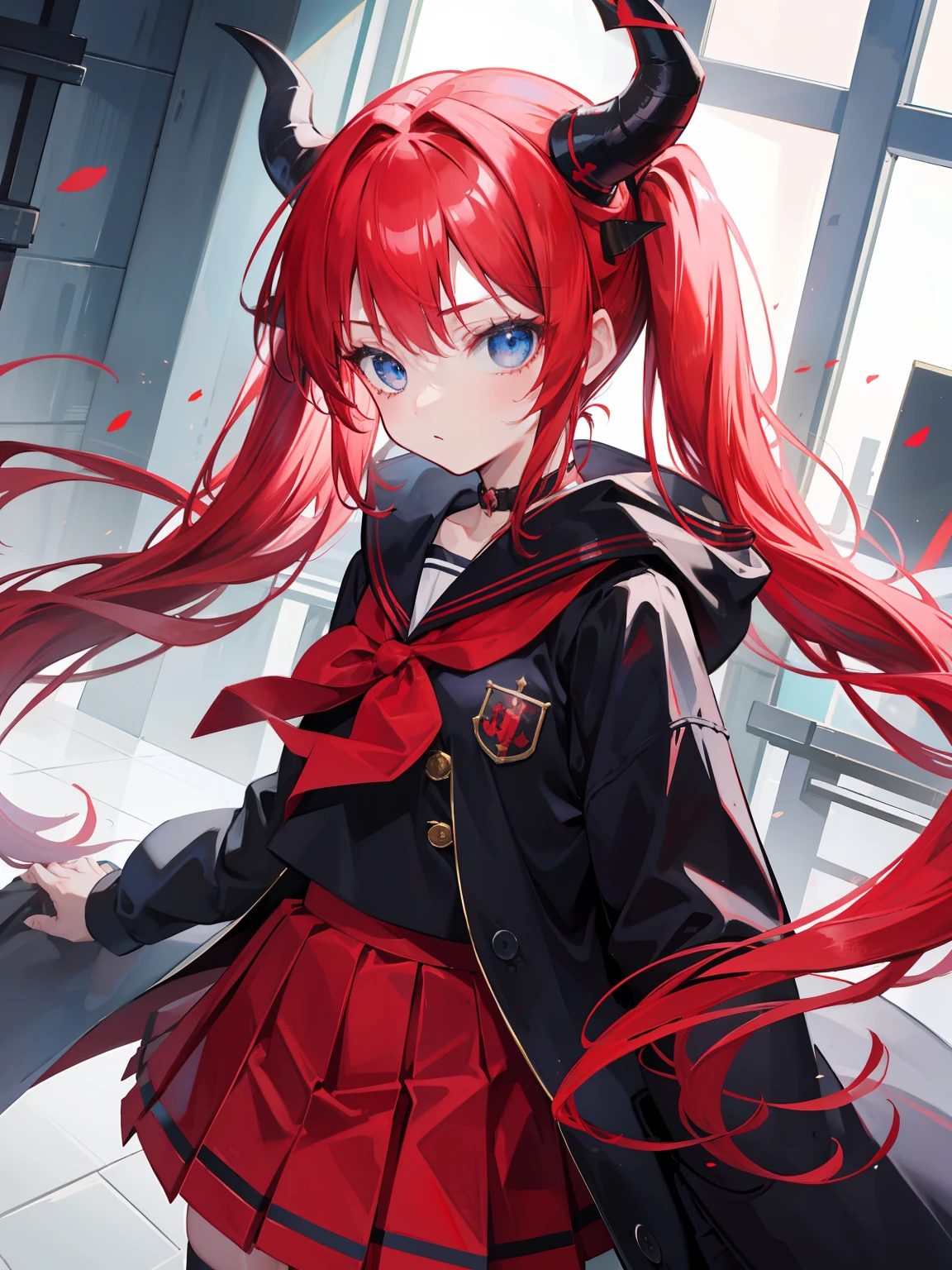 red hair, blue eyes, twintails, Sailor suit,black coat, Dragon horns,Pleated skirt,solo,li,cute,bow