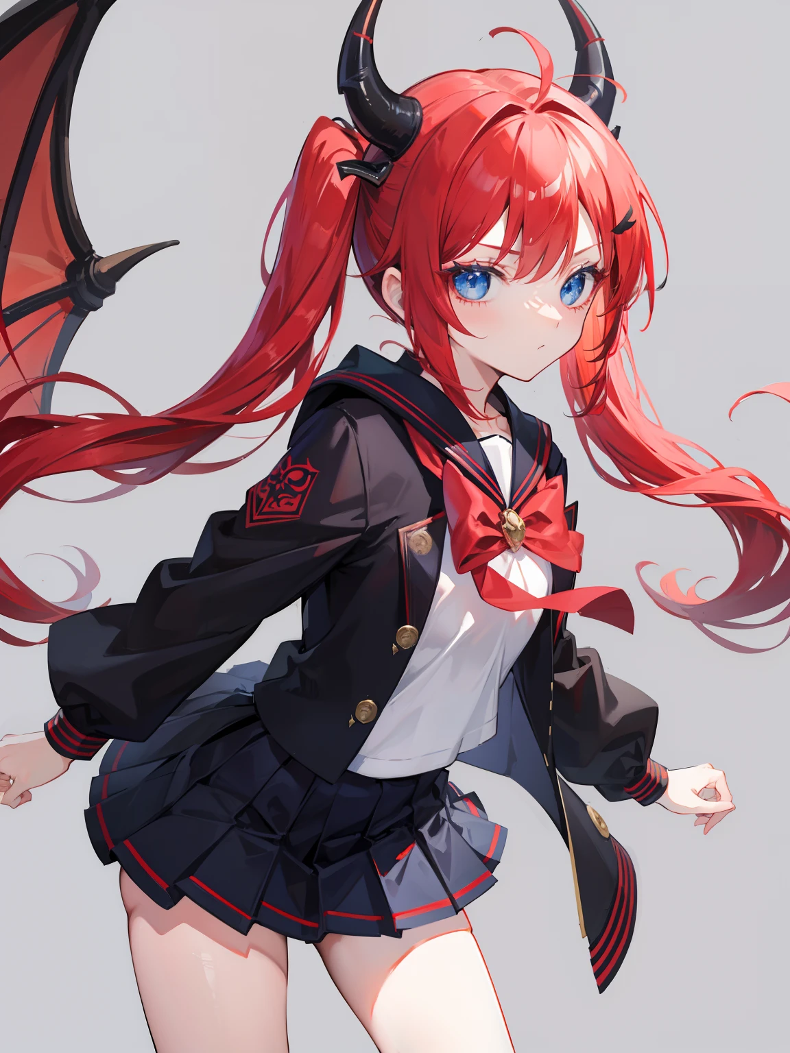 red hair, blue eyes, twintails, Sailor suit,black coat, Dragon horns,Pleated skirt,solo,loli,cute,bow