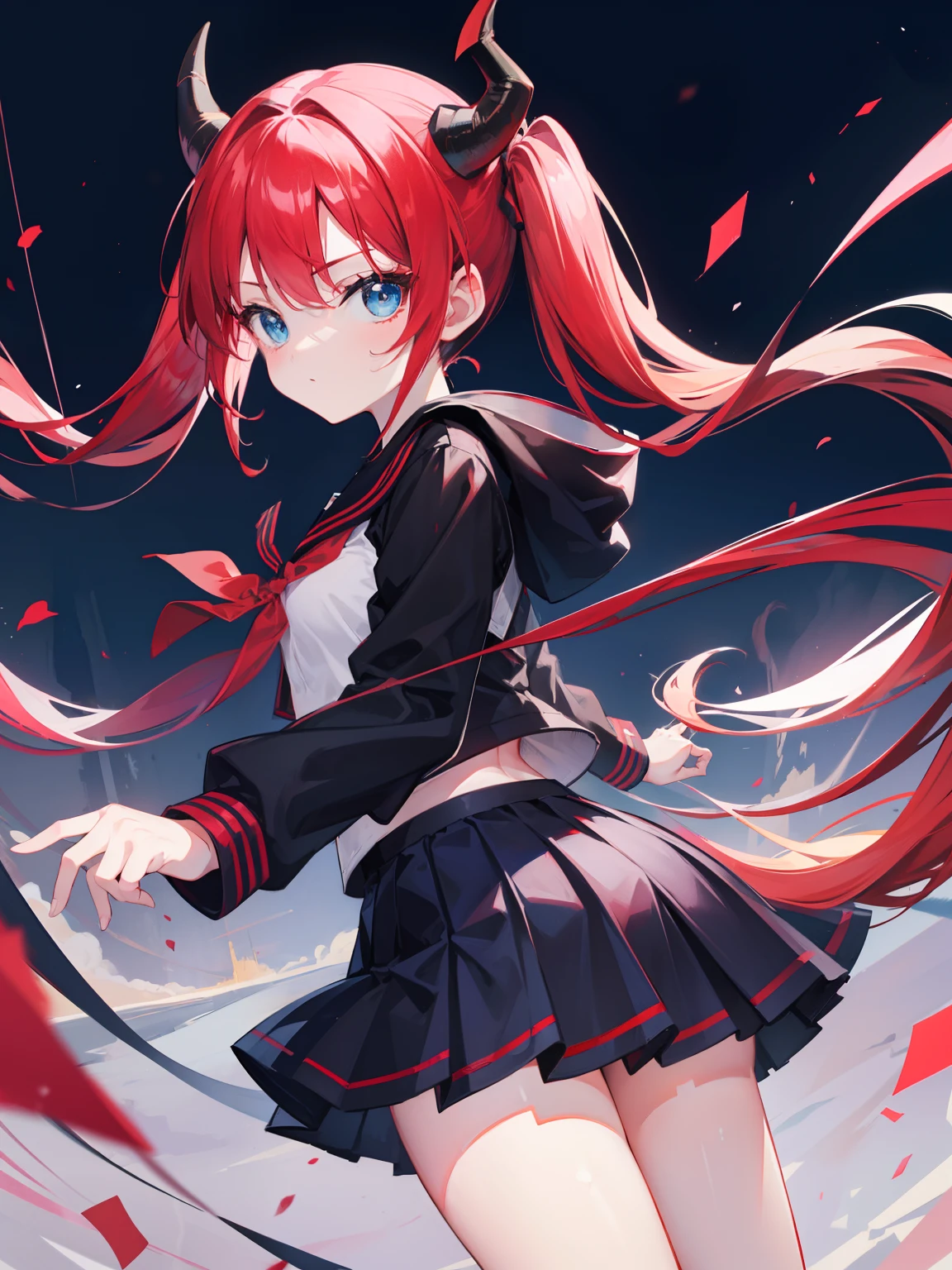 red hair, blue eyes, twintails, Sailor suit,black coat, Dragon horns,Pleated skirt,solo,loli,cute,bow