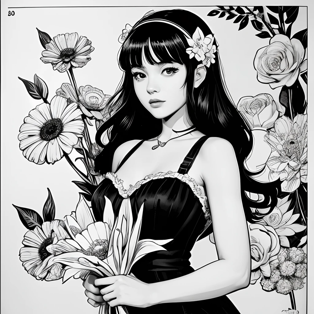 Black and white stick figure 1 girl with flowers, lots of flowers in background, loli in dress with flowers, its fine ink line art, comic style, portrait of ploynesian girl, Marilyn Munroe, Hollywood glam, beautiful line art, black and white comic style, manga style, manga art style, pencil and ink caricature drawing, black and white coloring