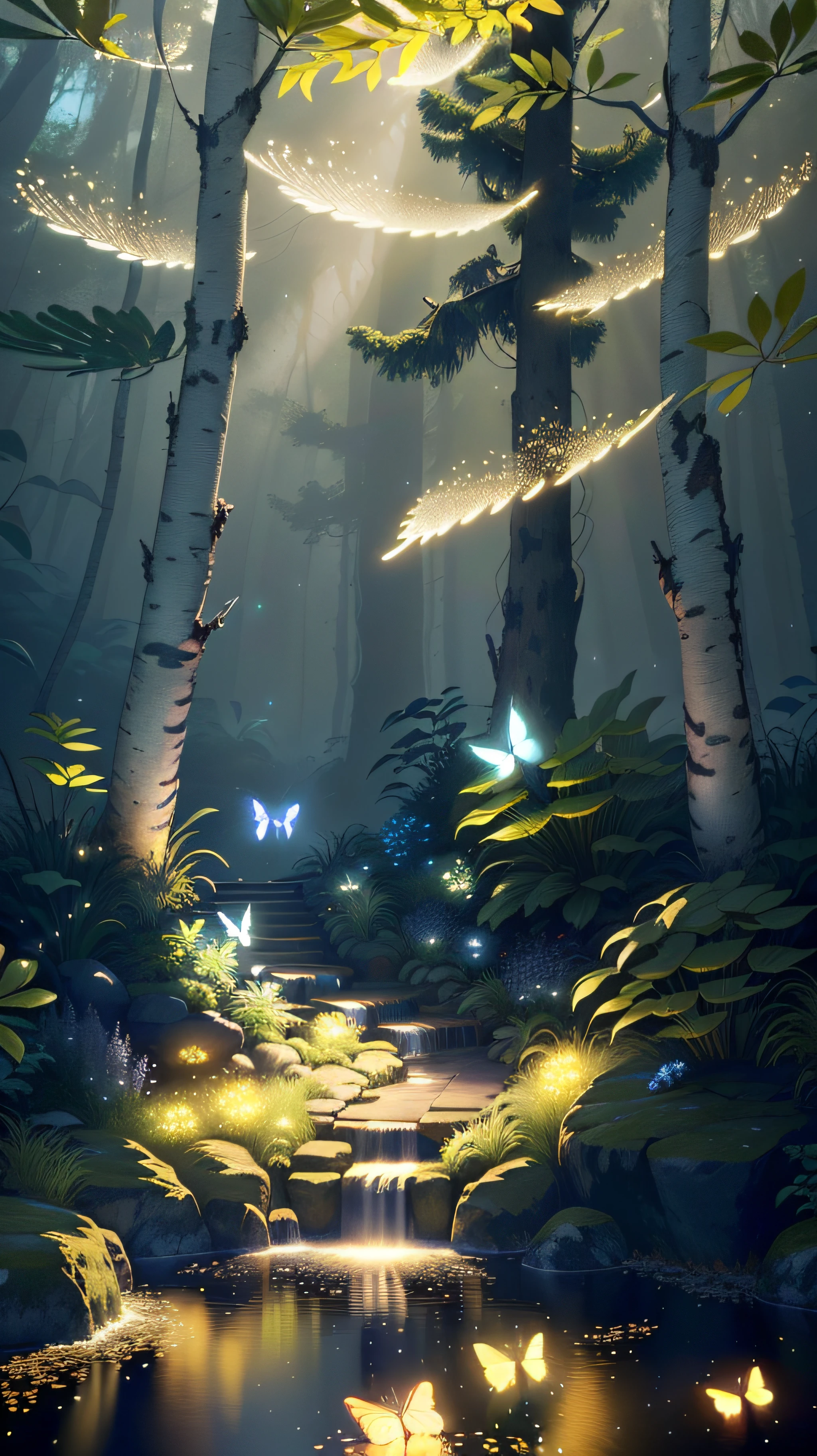 A masterpiece, the best quality, stunning reflections, the best reflections ever. (very detailed CG unity 8k wallpapers), (best quality), (best illustrations), (best shadows), forest theme with natural elements. Tall trees, quiet streams, small glowing mushrooms surrounded by delicate leaves and branches, with fireflies and glowing particle effects,, (natural elements), (jungle theme), (leaves), (twigs), (fireflies), butterflies, (delicate leaves), (glow), (particle effects). , Isometric 3D, Octane Rendering, Ray Traced, Super Detailed