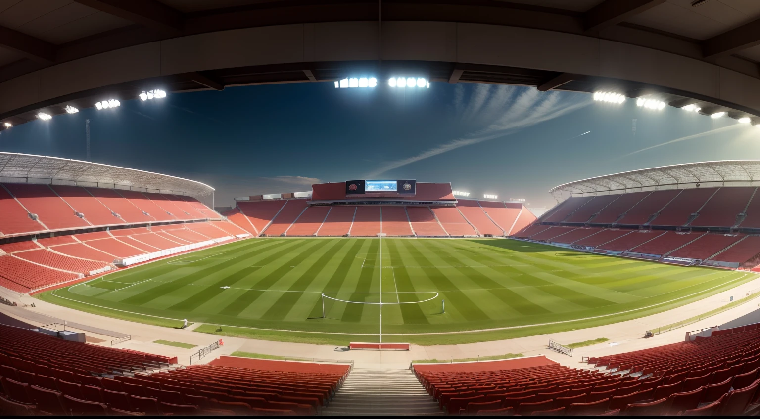 Wide-angle panoramic shooting, stadium setting, Stadium, soccer court, Red runway, Gymnasium with spectator seats, A sports venue with spectator seats, In the daytime, Professional football pitch line
