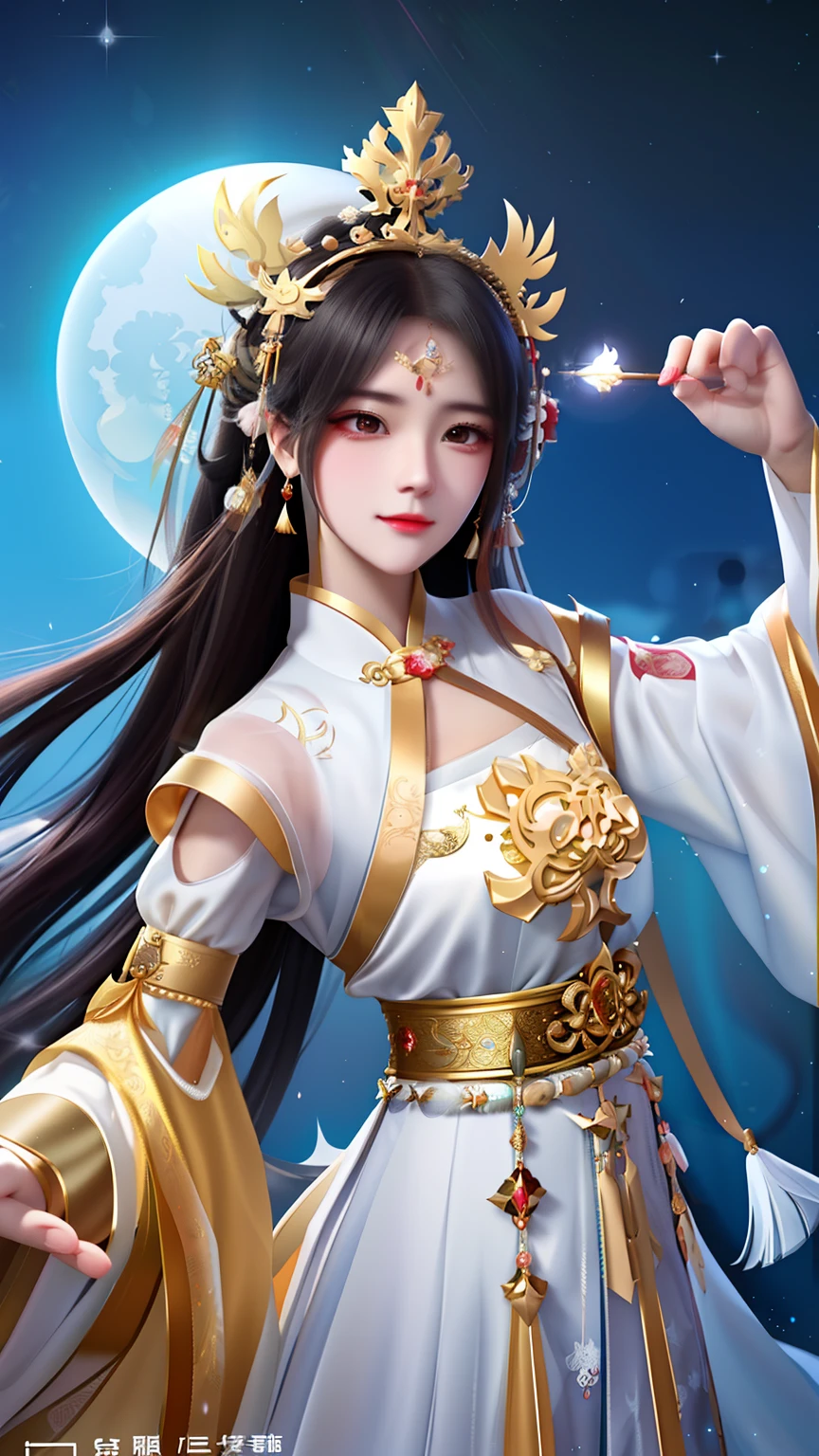 A woman wearing a white dress，Wearing a golden crown and a golden headdress, a beautiful fantasy empress, Palace ， A girl in Hanfu, inspired by Du Qiong, White Hanfu, ((a beautiful fantasy empress)), Beautiful celestial mage, Inspired by Lan Ying, Anime goddess, inspired by Luo Mu, inspired by Wu Li, trending on cgstation